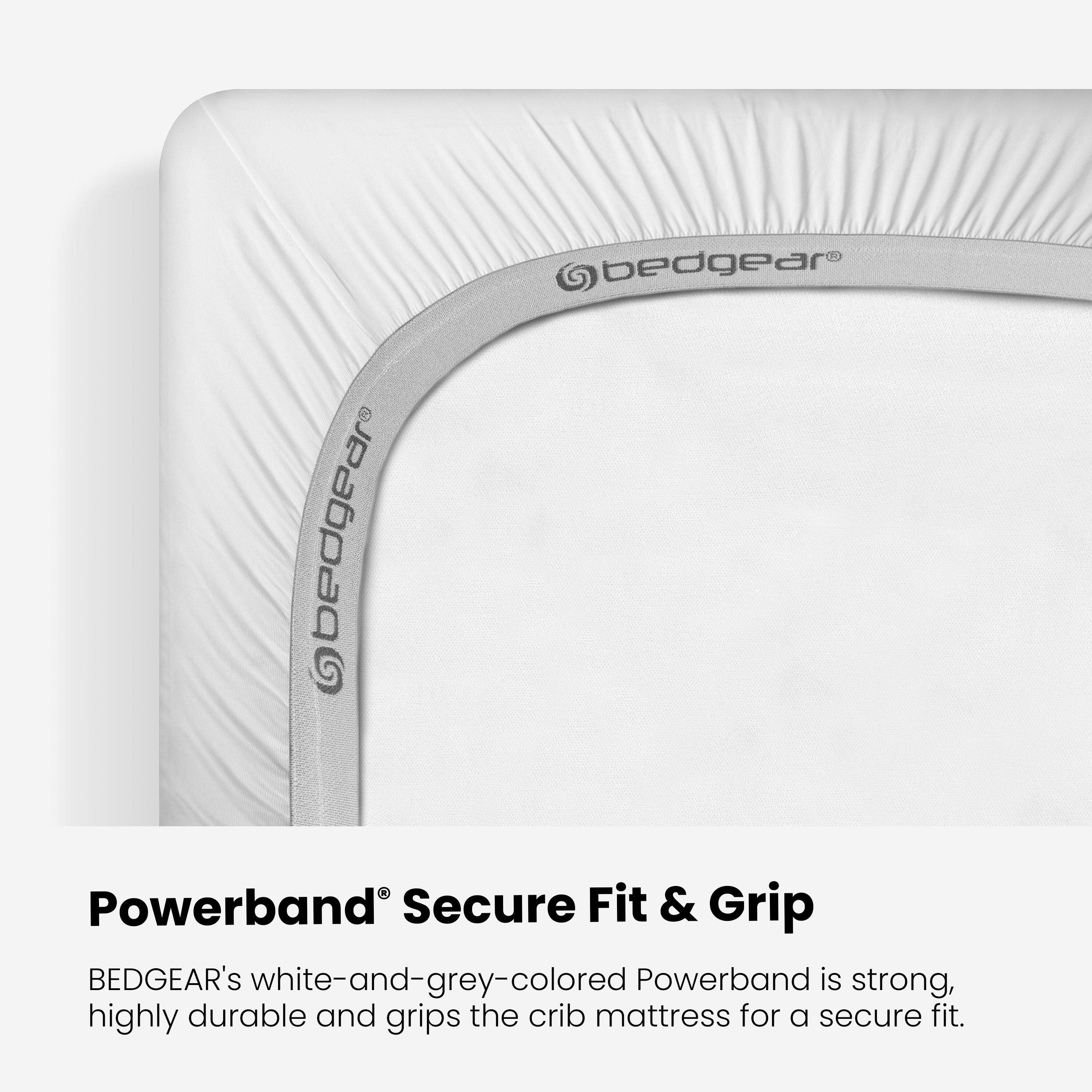 bedgear Powerband Secure Fit & Grip BEDGEAR's white-and-grey-colored Powerband is strong, highly durable and grips the crib mattress for a secure fit.