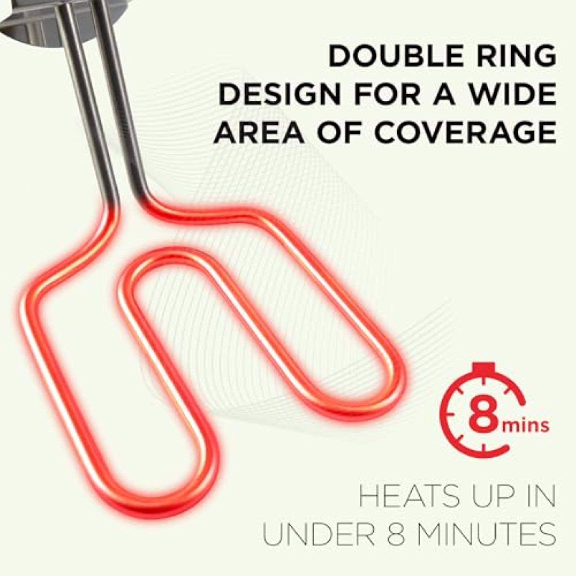 DOUBLE RING DESIGN FOR A WIDE AREA OF COVERAGE, HEATS UP IN UNDER 8 MINUTES