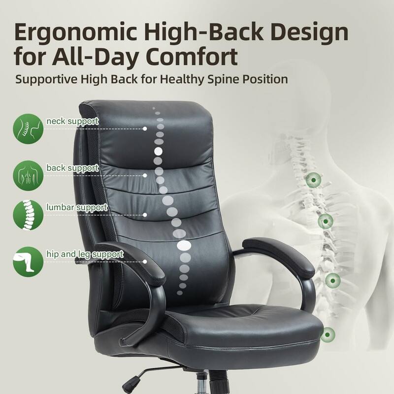 Ergonomic High-Back Design for All-Day Comfort  
Supportive High Back for Healthy Spine Position  
- Neck support  
- Back support  
- Lumbar support  
- Hip and leg support