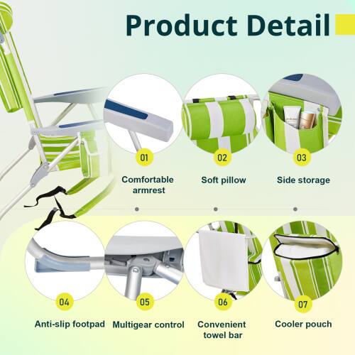 Product Detail

01 Comfortable armrest  
02 Soft pillow  
03 Side storage  
04 Anti-slip footpad  
05 Multigear control  
06 Convenient towel bar  
07 Cooler pouch