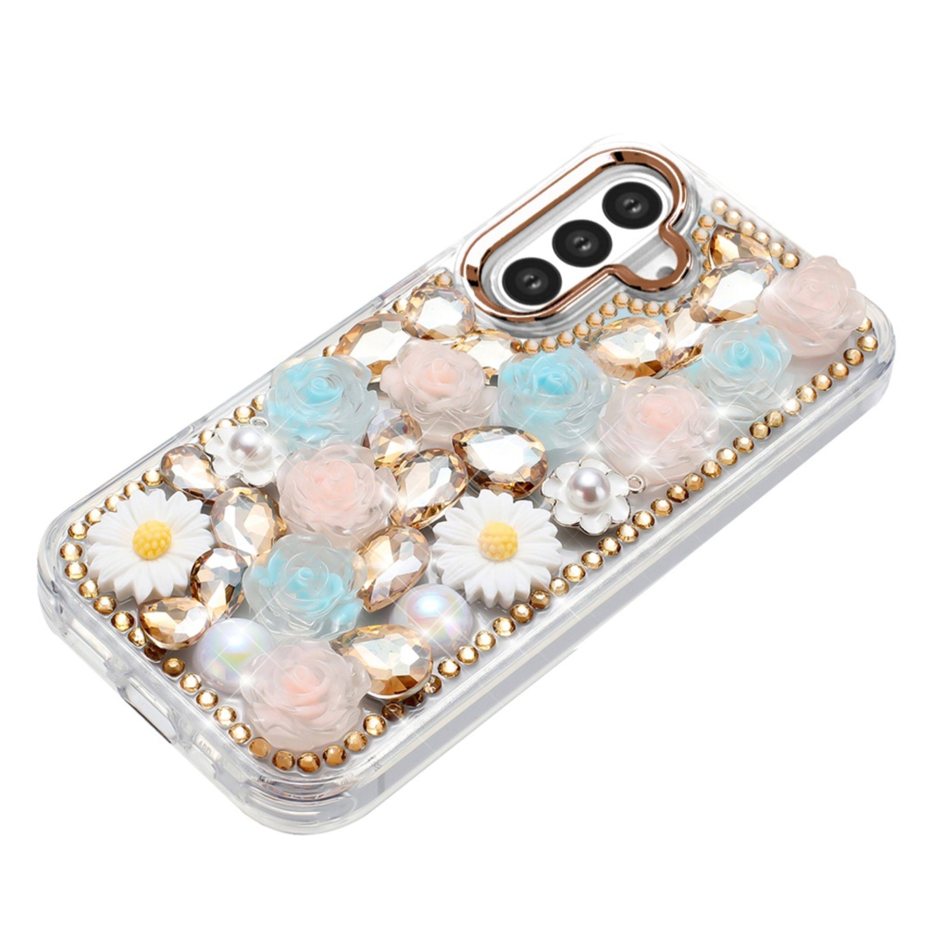 Angle. Kitcheniva - Full 3D Rhinestone Jewel Phone Case With Tempered Glass For Samsung S25 FE Gold - Gold.