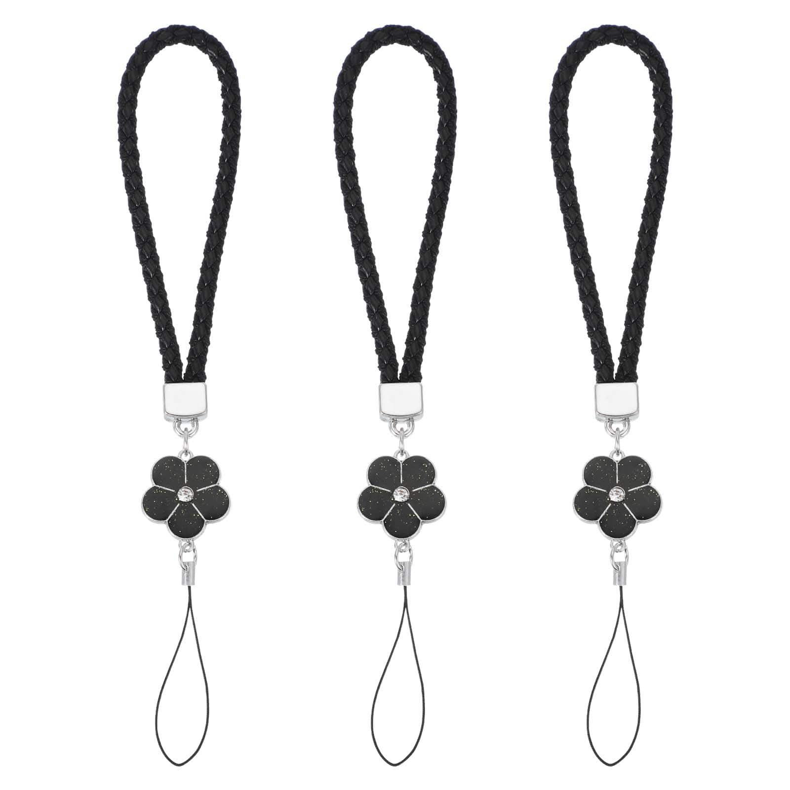Unique Bargains - 3pcs Creative Braided Flower Phone Charm Wrist Lanyard for Case Camera Keychain Hand String - Black