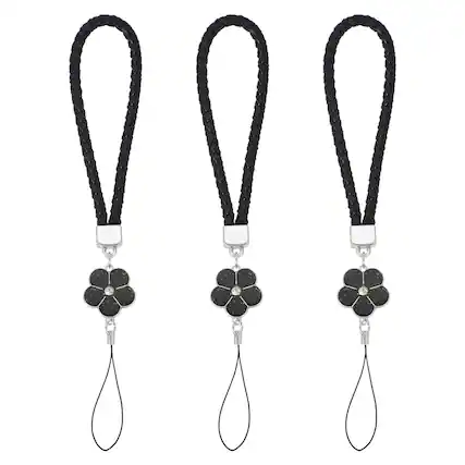 Front. Unique Bargains - 3pcs Creative Braided Flower Phone Charm Wrist Lanyard for Case Camera Keychain Hand String - Black.