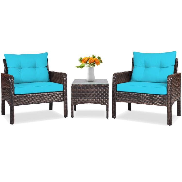 Alt View 3. Mondawe - 3 Piece Outdoor Patio Rattan Conversation Set with Seat Cushions for Garden - Blue.