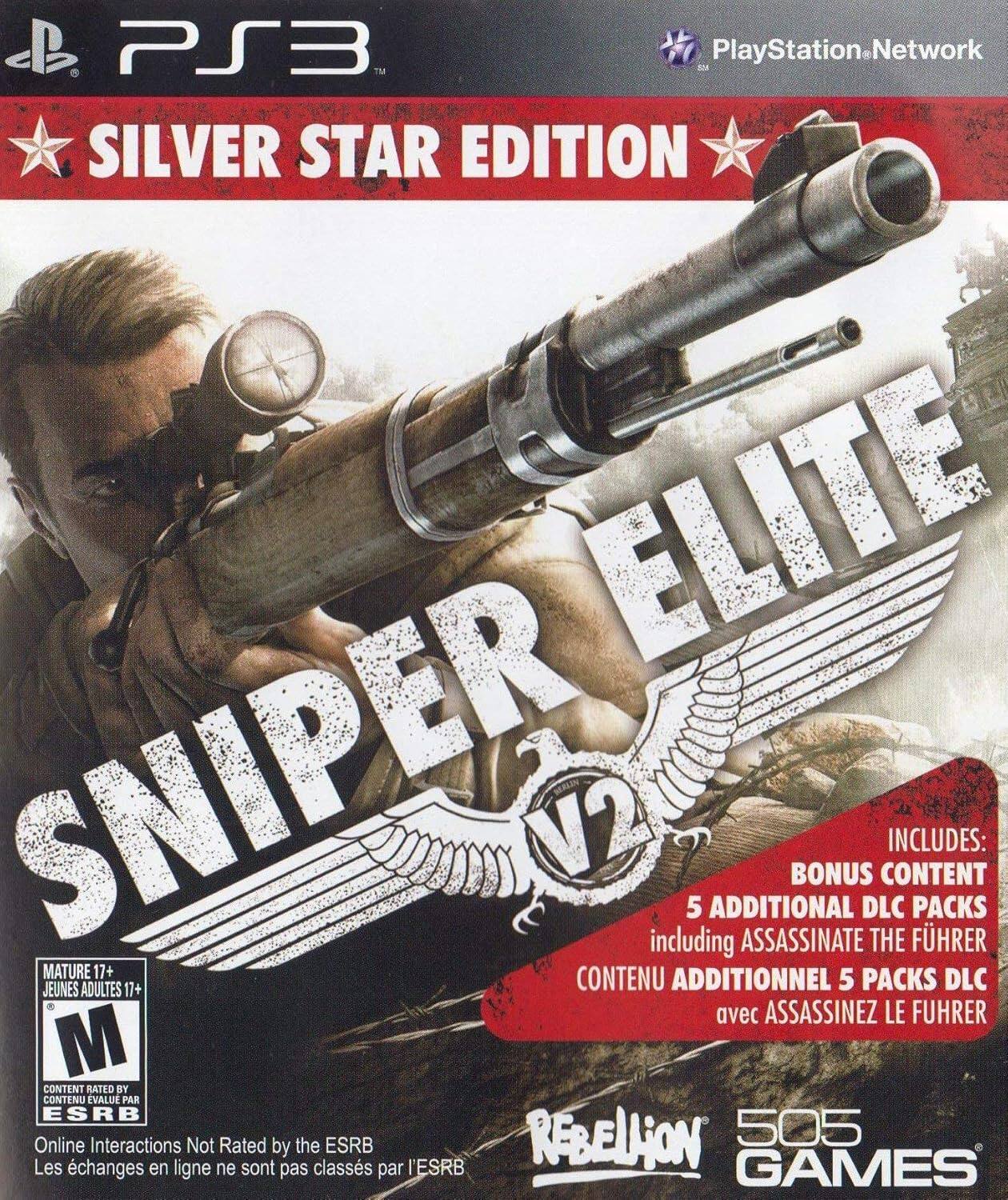 Sure, here is the corrected and grouped text from the image:

---

**PS3**  
**SILVER STAR EDITION**  
**SNIPER ELITE V2**

**PlayStation.Network**

**INCLUDES:**  
**BONUS CONTENT**  
5 ADDITIONAL DLC PACKS  
including ASSASSINATE THE FUHRER  
**CONTENU ADDITIONNEL 5 PACKS DLC**  
avec ASSASSINEZ LE FUHRER

**MATURE 17+**  
**JEUNES ADULTES 17+**  
**M**  
**CONTENT RATED BY ESRB**  
**CONTENU ÉVALUÉ PAR ESRB**

**Online Interactions Not Rated by the ESRB**  
**Les échanges en ligne ne sont pas classés par l'ESRB**

**REBELLION**  
**505 GAMES**

---