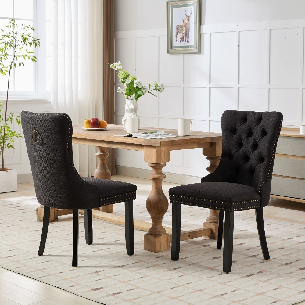 Loheer - Tufted Dining Chair Set of 2 Linen Upholstered - Black