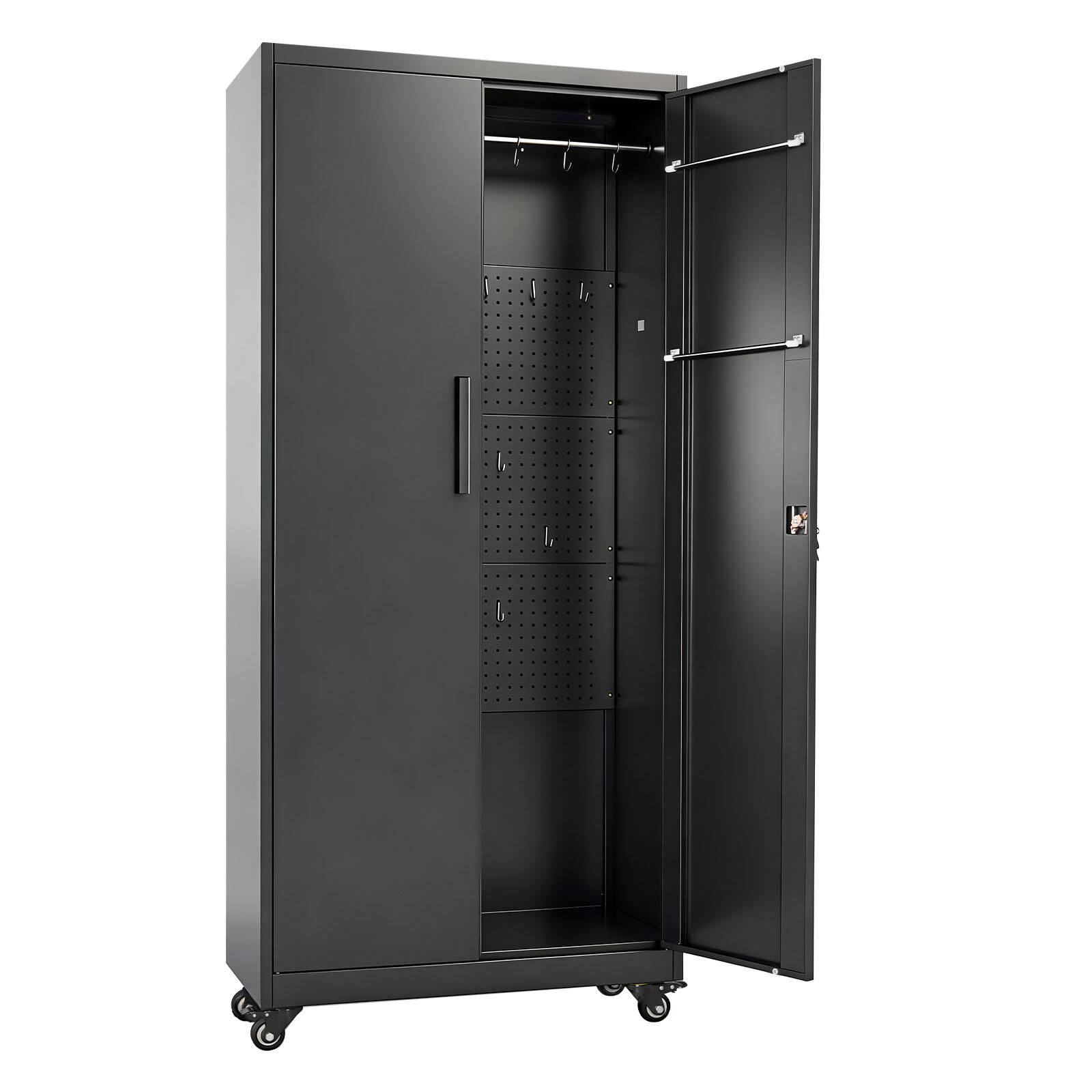 Alt View 5. VEVOR - Metal Storage Cabinet, 70.6 in Rolling Steel Garage Cabinet with Adjustable Shelves, 2 Magnetic Doors, Hanging Rod - Black.
