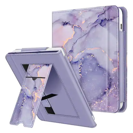 Front. Kitcheniva - Leather Cover Stand Case For 7" Kobo Libra Colour (2024) / Kobo Libra 2 (2021) Purple Marble - Purple Marble.