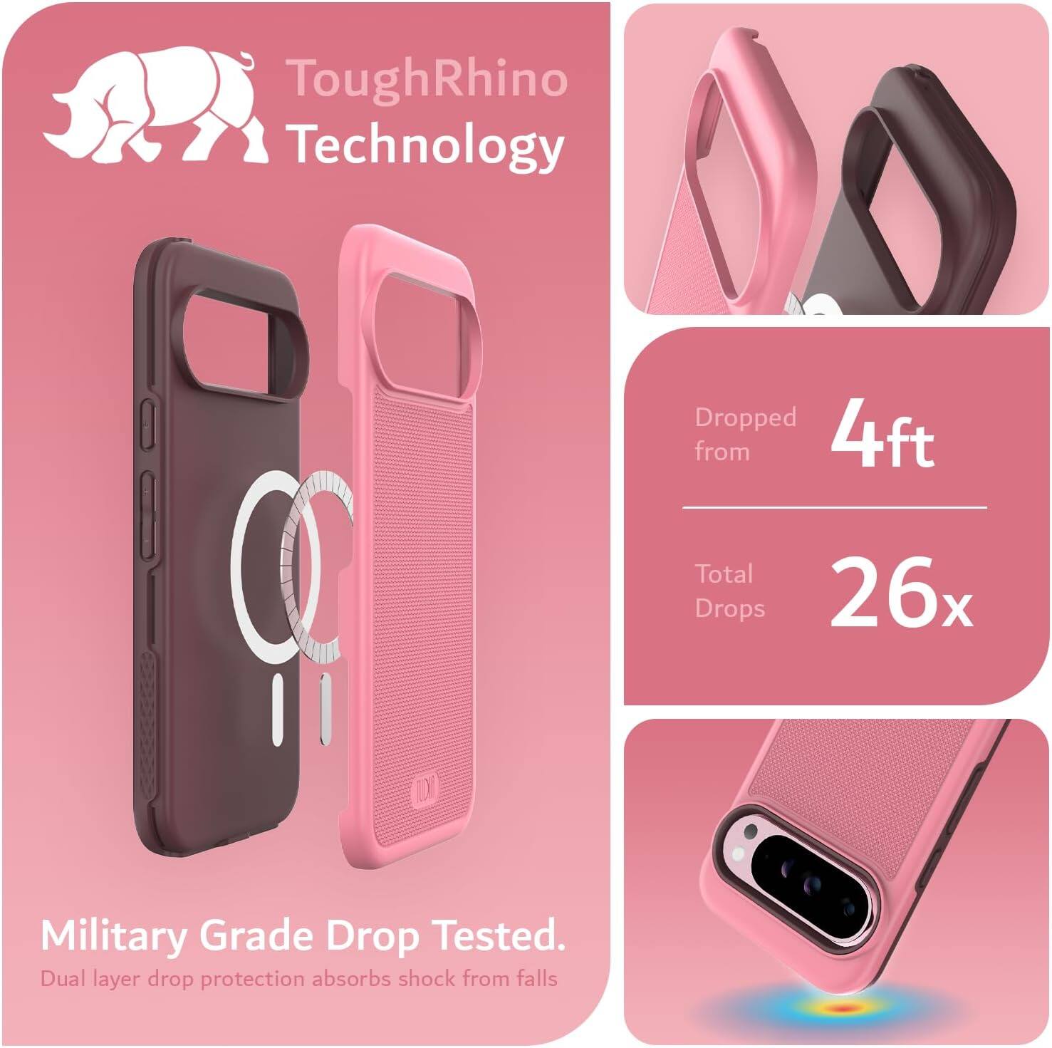 ToughRhino Technology

Military Grade Drop Tested.
Dual layer drop protection absorbs shock from falls.

Dropped from 4ft
Total Drops 26x