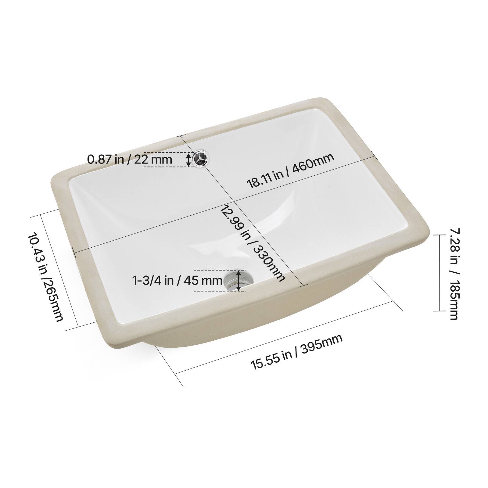 - 10.43 in / 265 mm
- 0.87 in / 22 mm
- 18.11 in / 460 mm
- 12.99 in / 330 mm
- 1-3/4 in / 45 mm
- 15.55 in / 395 mm
- 7.28 in / 185 mm