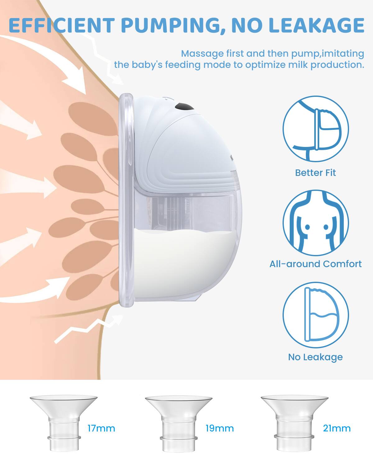 EFFICIENT PUMPING, NO LEAKAGE

Massage first and then pump, imitating the baby's feeding mode to optimize milk production.

- Better Fit
- All-around Comfort
- No Leakage

17mm 19mm 21mm