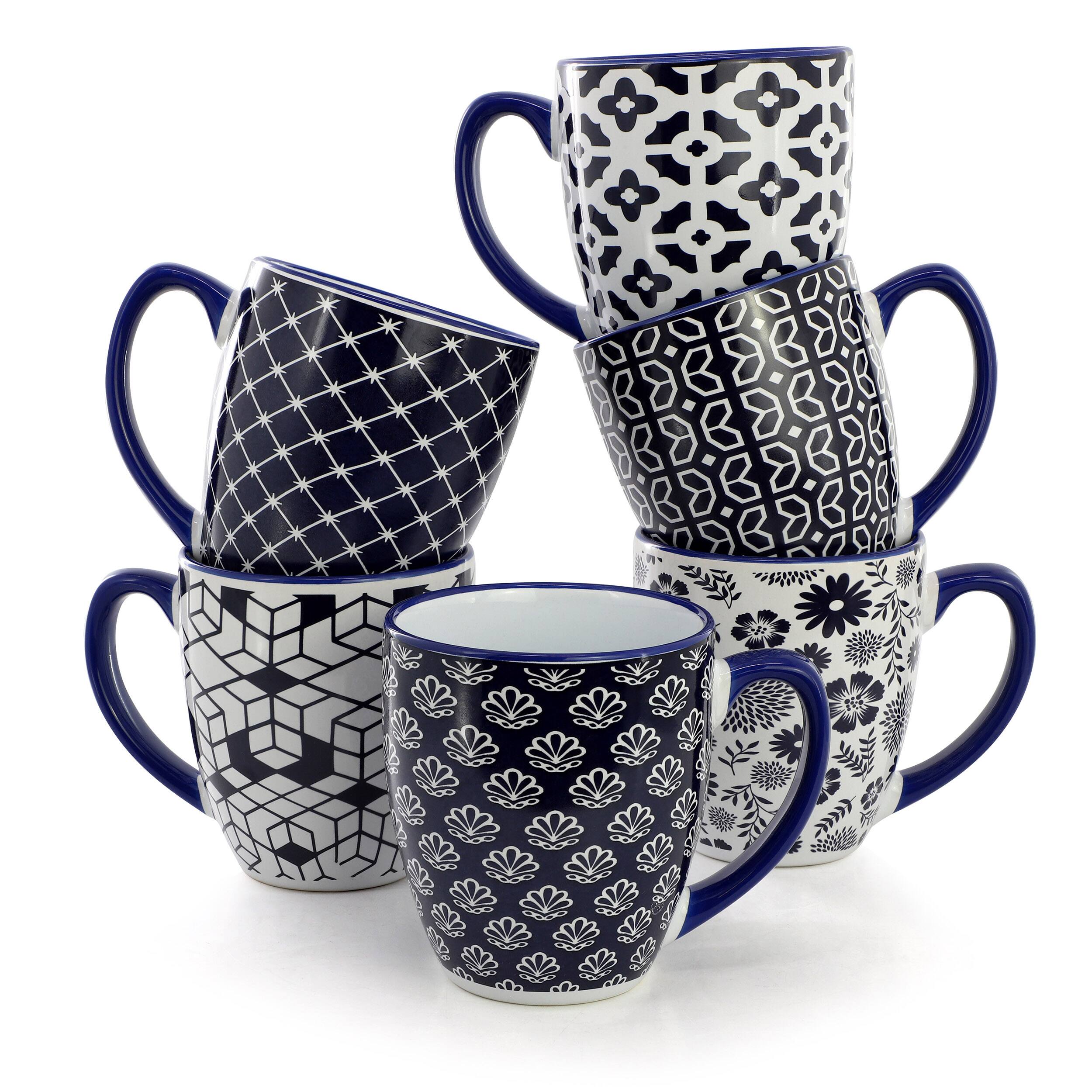 Alt View 7. Elama - Elama Flyn 6 Piece 16 Ounce Assorted Design Stoneware Mug Set in Navy Blue and White - Navy Blue.