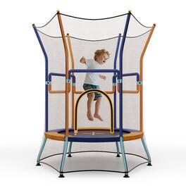 Gymax - Kids Mini Trampoline w/ 59'' Higher Enclosure Net Seamless Jumping Mat Zipper Door Orange & Blue - Orange, Blue