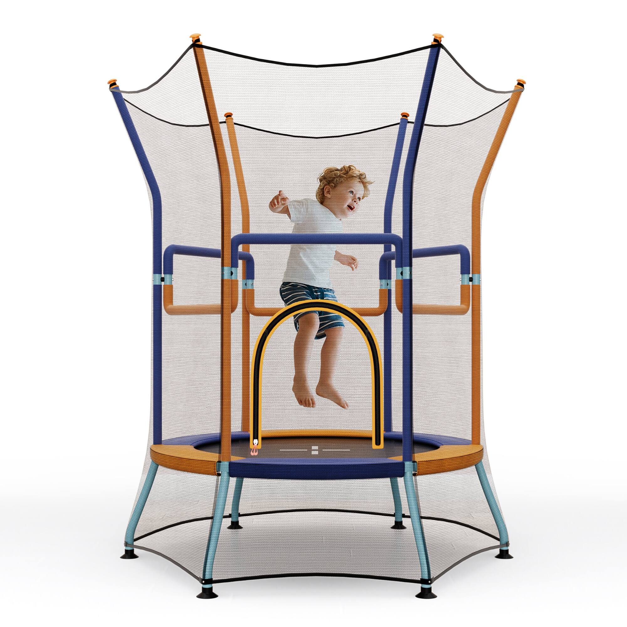 Front. Gymax - Gymax Kids Mini Trampoline w/ 59'' Higher Enclosure Net Seamless Jumping Mat Zipper Door Orange & Blue - Orange, Blue.