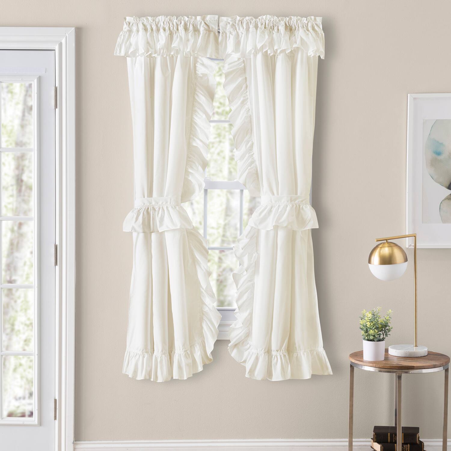 Angle. Ellis Curtain - ELLIS Polyester-Cotton Classic Wide Solid Color Perma Press Ruffled Priscilla W/Ties 84" x 54" Natural - Natural.