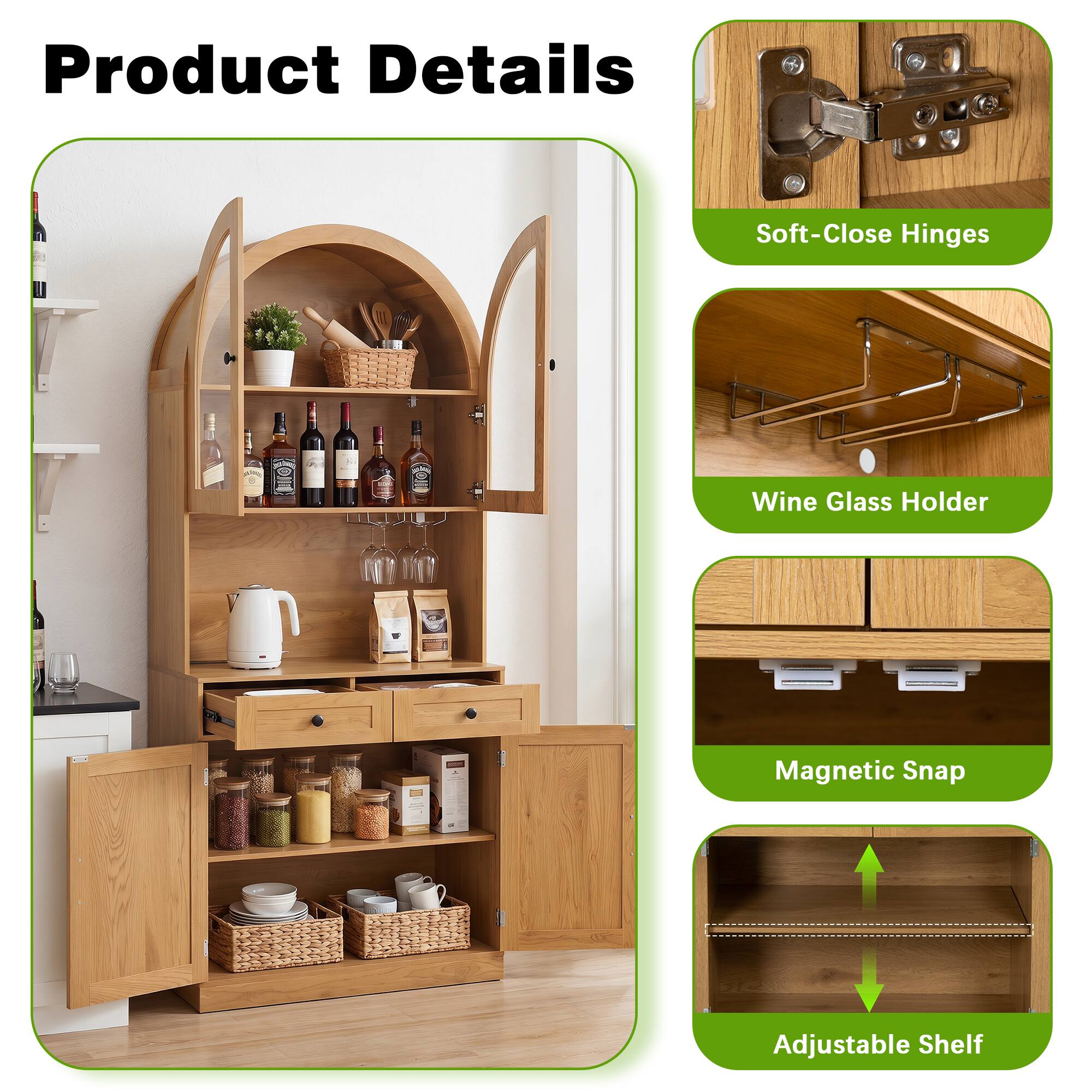 Product Details

- Soft-Close Hinges
- Wine Glass Holder
- Magnetic Snap
- Adjustable Shelf