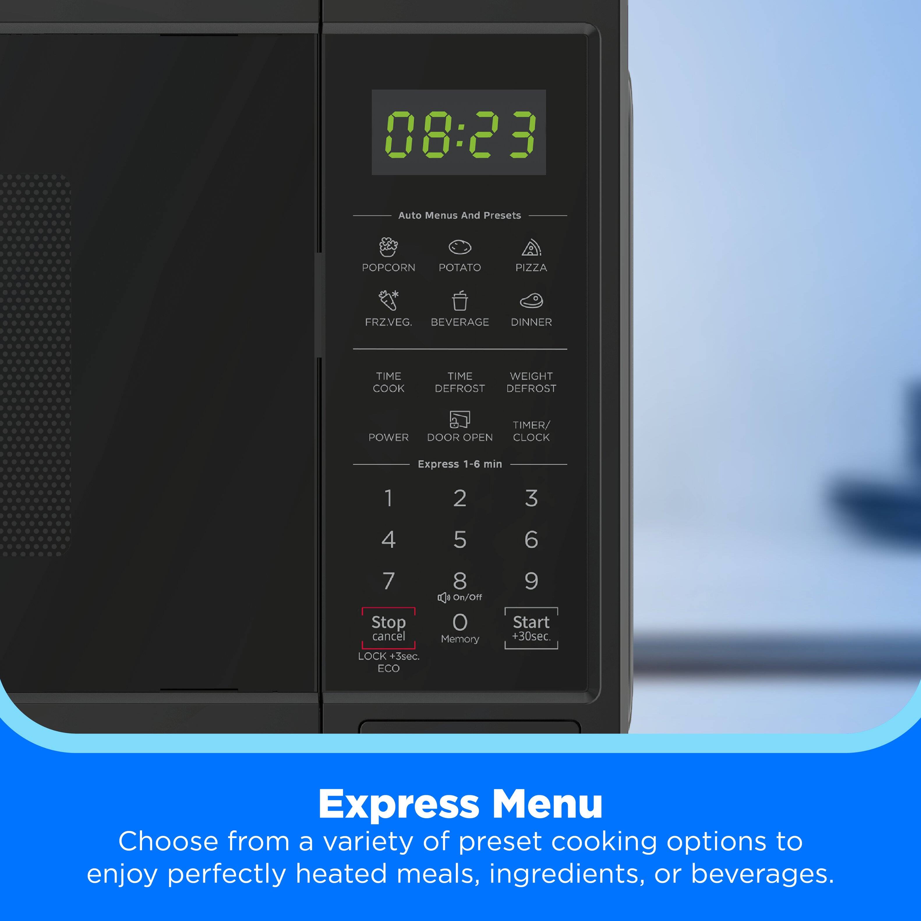 08:23  
Auto Menus And Presets  
POPCORN POTATO PIZZA FRZVEG BEVERAGE DINNER TIME COOK TIME WEIGHT DEFROST DEFROST TIMER/ POWER DOOR OPEN CLOCK  
Express 1-6 min 1 2 3 4 5 6 7 Stop cancel LOCK *Ssec ECO 8 4 n/Off o Memory 9 Start +30sec  
Express Menu  
Choose from a variety of preset cooking options to enjoy perfectly heated meals, ingredients, or beverages.