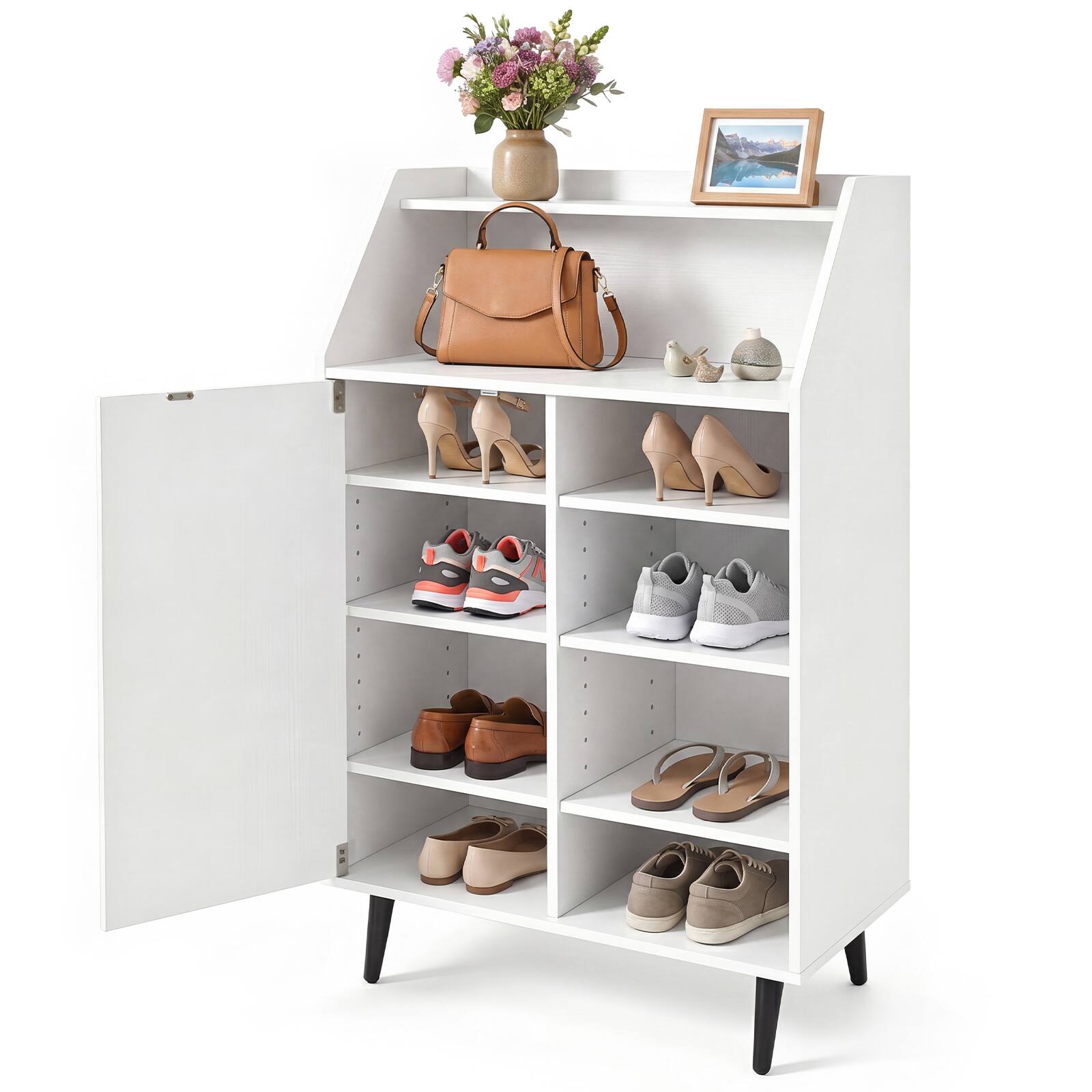 Alt View 1. Costway - Costway Shoe Storage Cabinet with 2-Tier Open Compartment, 4-Tier Adjustable Shelf for Home - White.