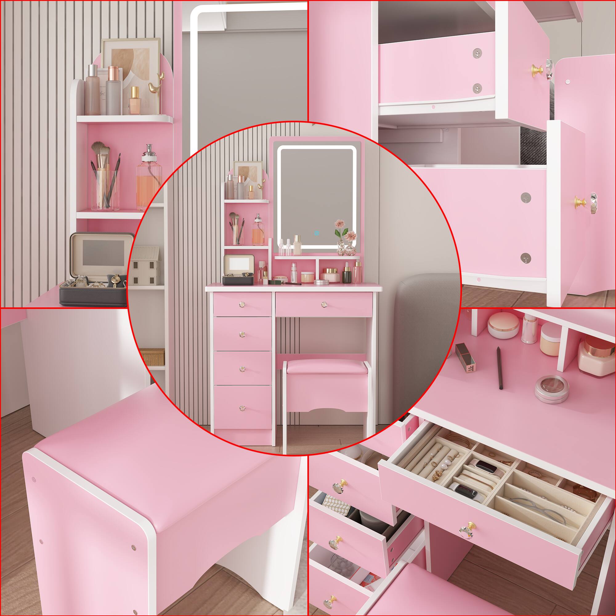 Angle. Famapy - Vanity Table with LED Mirror Storage Dresser Drawers & Stool – Makeup Organizer for Bedroom - Pink.