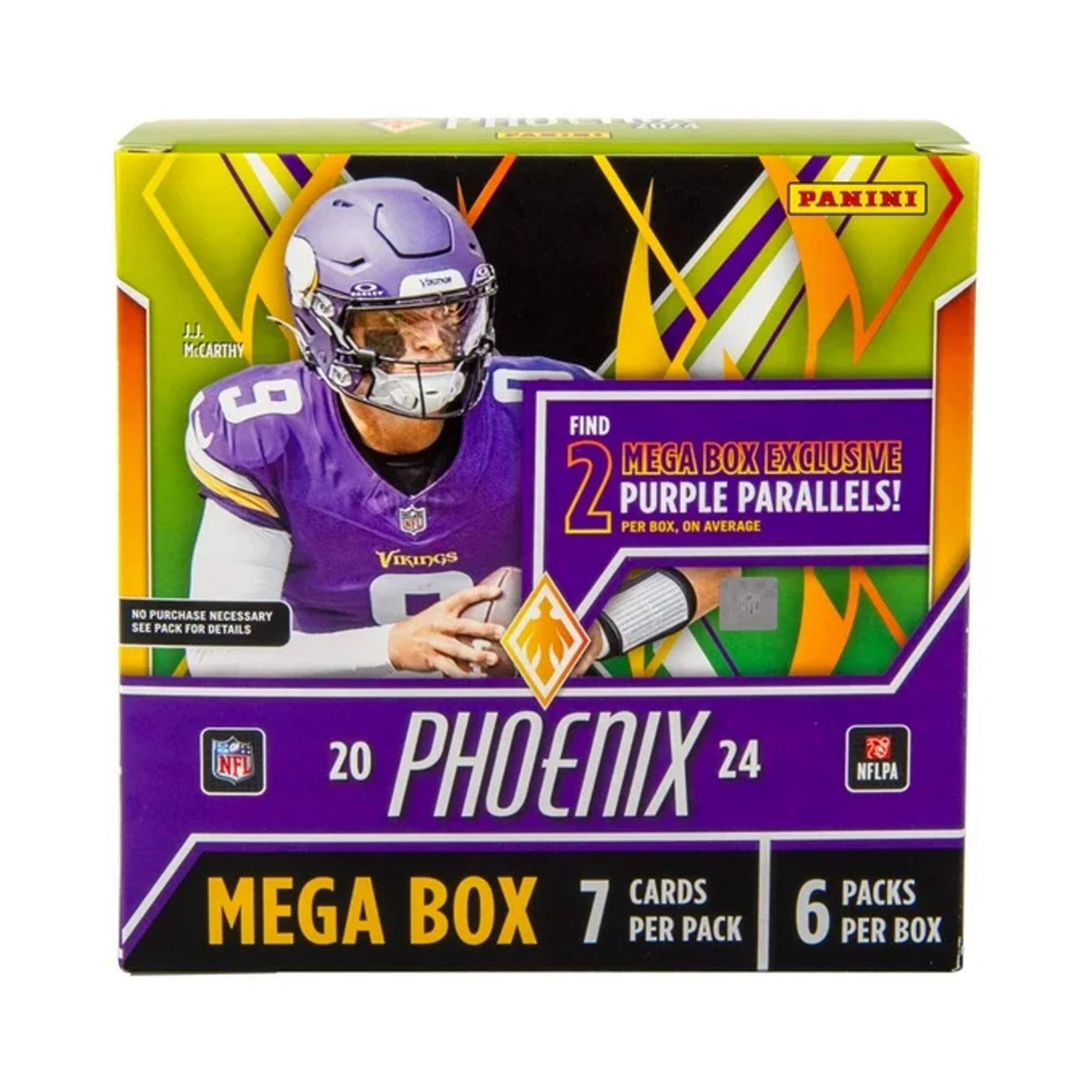 PANINI  
PHOENIX  
20  
MEGA BOX  
24 NFLPA CARDS  
7 CARDS PER PACK  
6 PACKS PER BOX  

FIND 2 MEGA BOX EXCLUSIVE PURPLE PARALLELS!  
PER BOX, ON AVERAGE  

NO PURCHASE NECESSARY SEE PACK FOR DETAILS  

J.J. McCARTHY  
Vikings