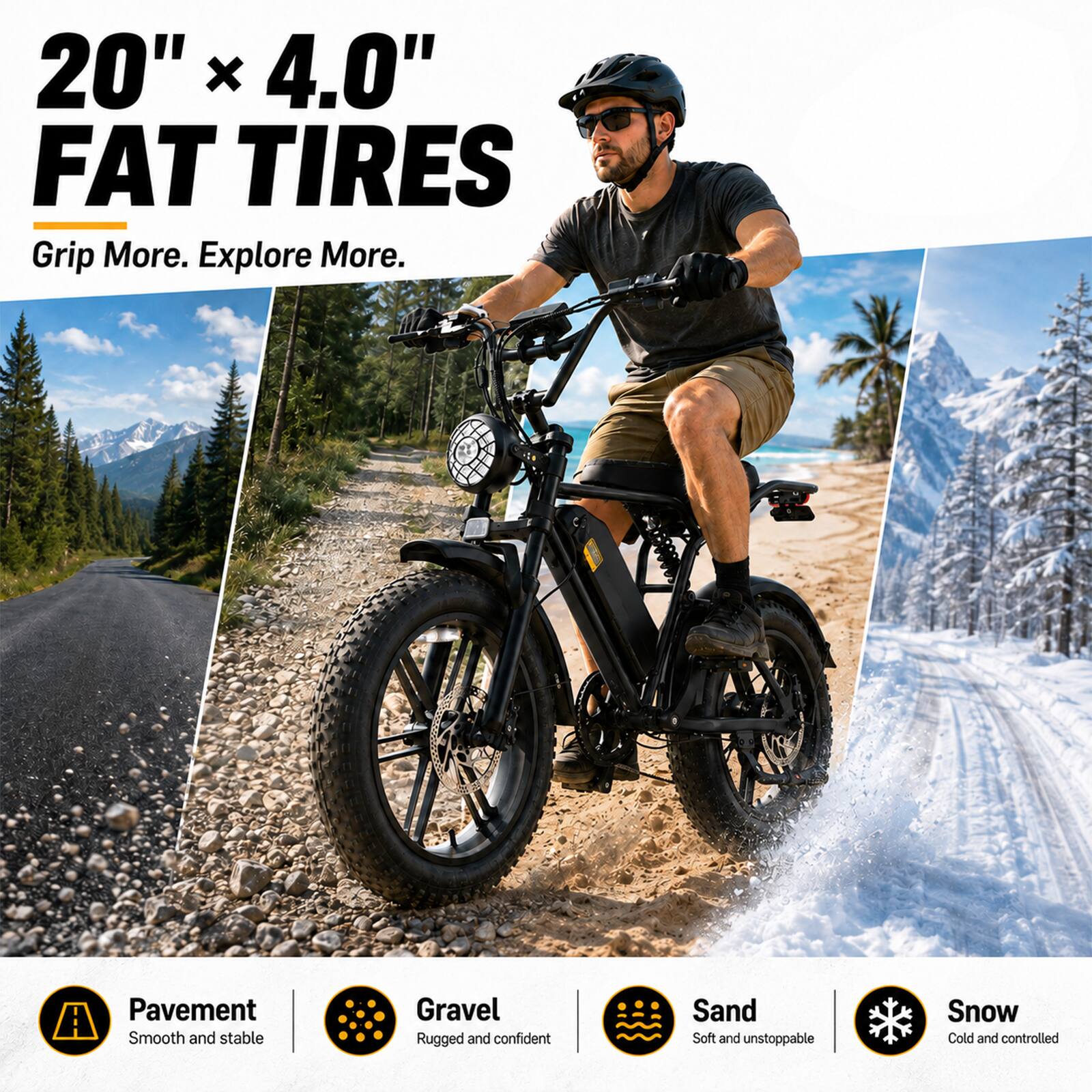 20" X 4.0" FAT TIRES Grip More. Explore More.

Pavement
Smooth and stable

Gravel
Rugged and confident

Sand
Soft and unstoppable

Snow
Cold and controlled