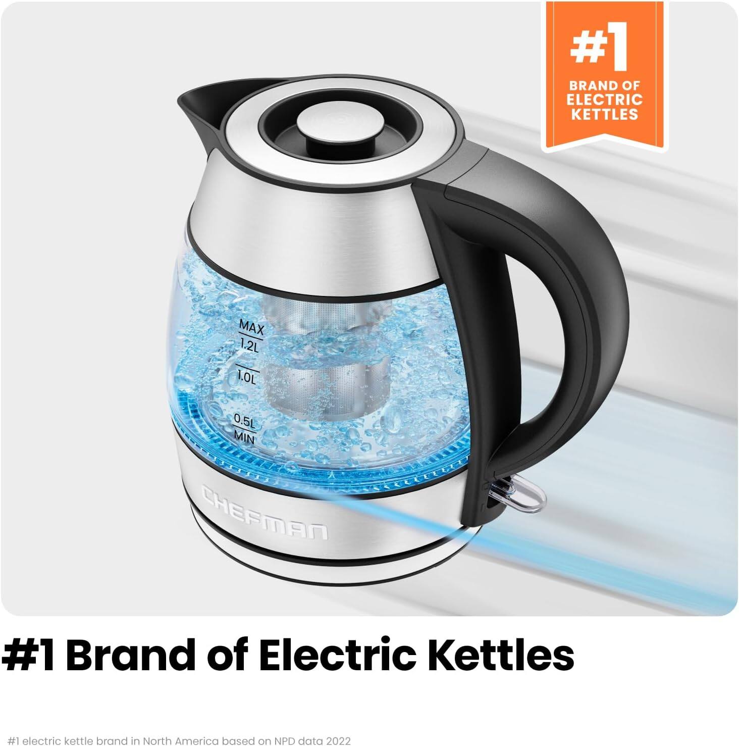 #1 Brand of Electric Kettles

#1 electric kettle brand in North America based on NPD data 2022

MAX 1.2L  
1.0L  
0.5L MIN  

CHEFMAN