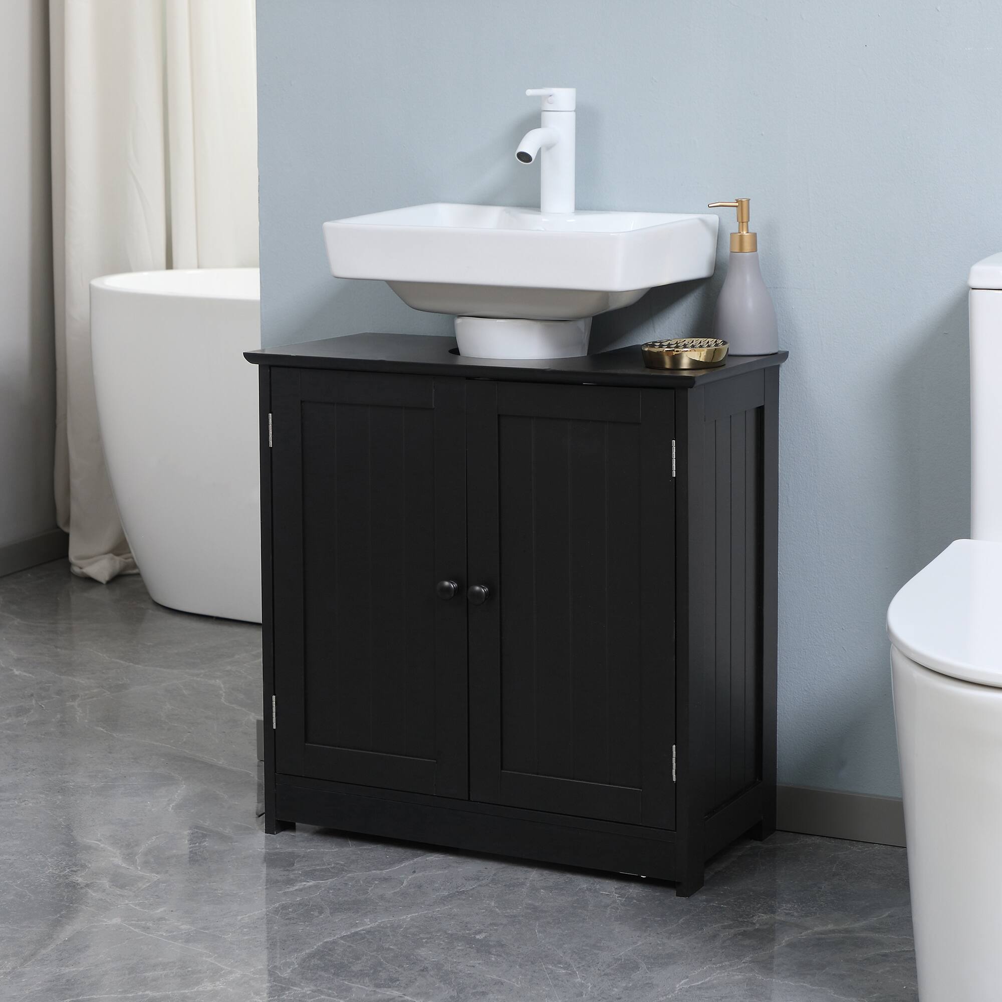 Alt View 1. Homcom - Under Sink Bathroom Cabinet w/ 2 Doors & Shelf, Pedestal Vanity - Black.