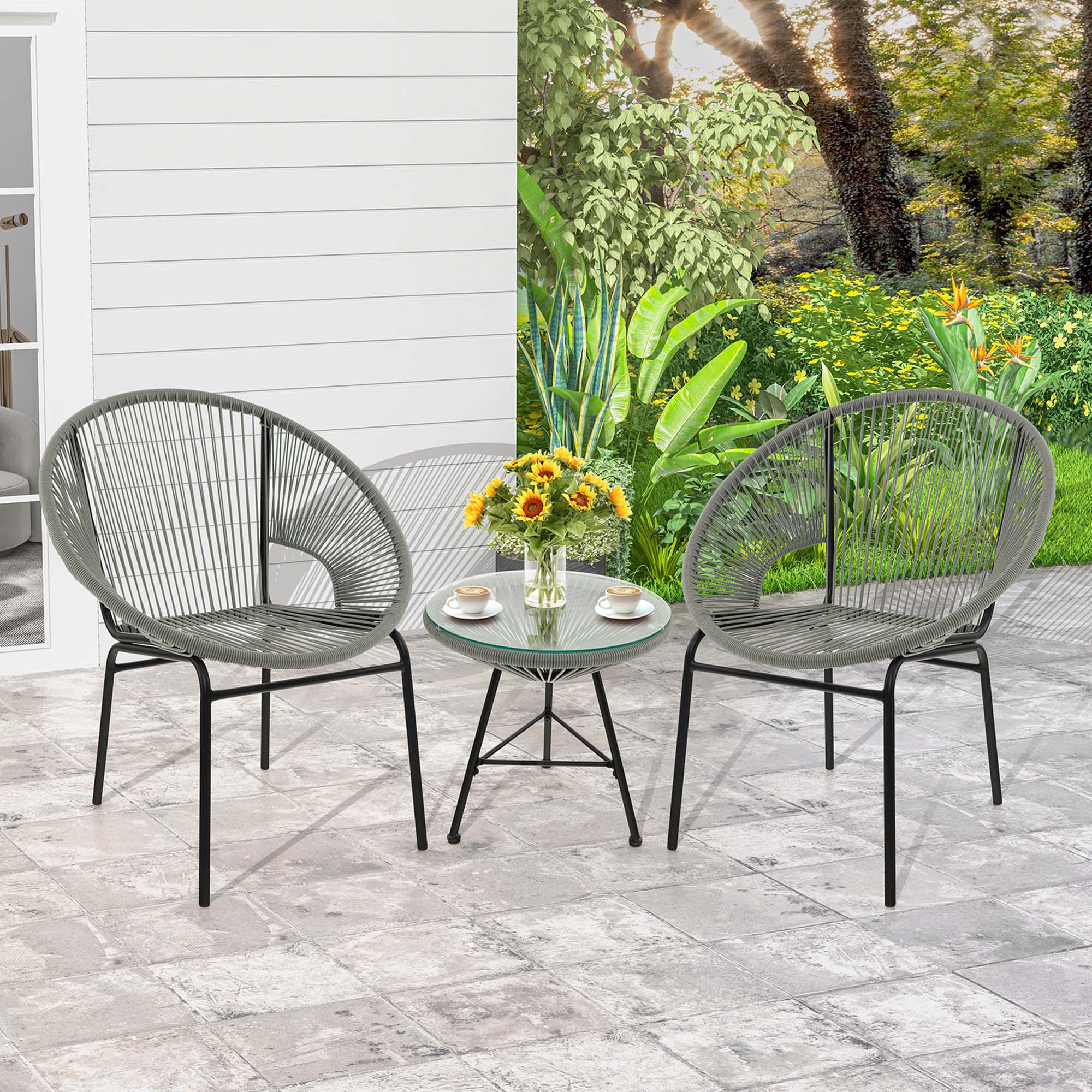 Alt View 1. Costway - Costway 3PCS Patio Acapulco Furniture Bistro Set Plastic Rope Glass Table Grey - Grey.