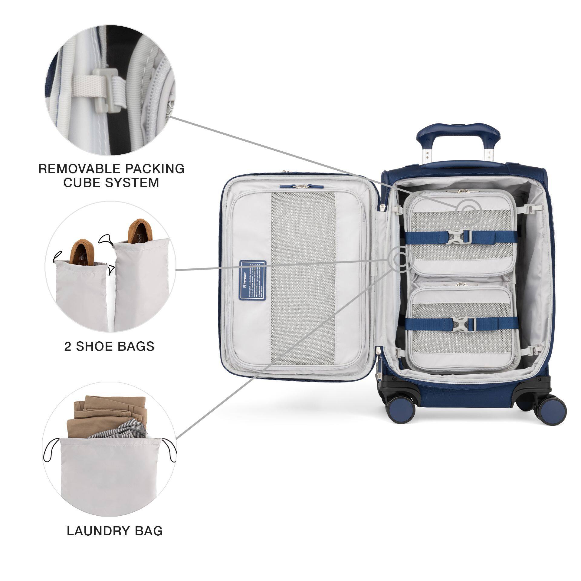 REMOVABLE PACKING CUBE SYSTEM  
2 SHOE BAGS  
LAUNDRY BAG
