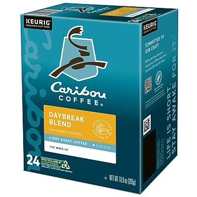 KEURIG  
Genuine K-Cup Pods  

Caribou Coffee  
Daybreak Blend  
Sustainably Sourced  
Light Roast Coffee  

Stay Awake  
The Wake Up  

Committed to Our Craft  
For a Better Life  

24 Recyclable  
Net Wt 11 oz (285g)
