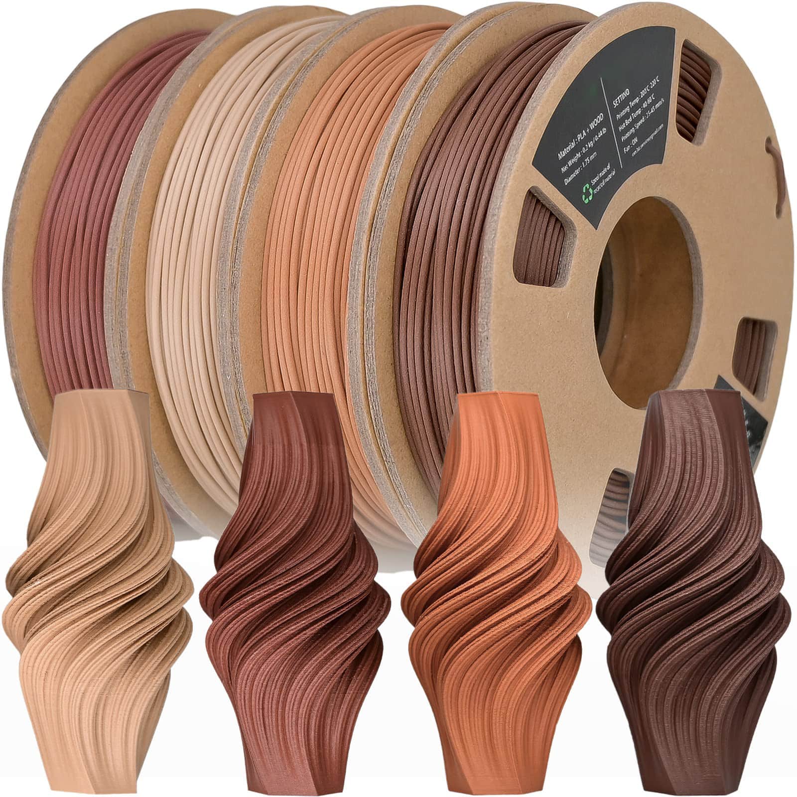 GlowWise - 4-Pack Wood PLA, 1.75mm/200g each. Contains 30%+ real wood fiber. Walnut, Oak, Cherry, Teak - 4 Pack Wood Bundle