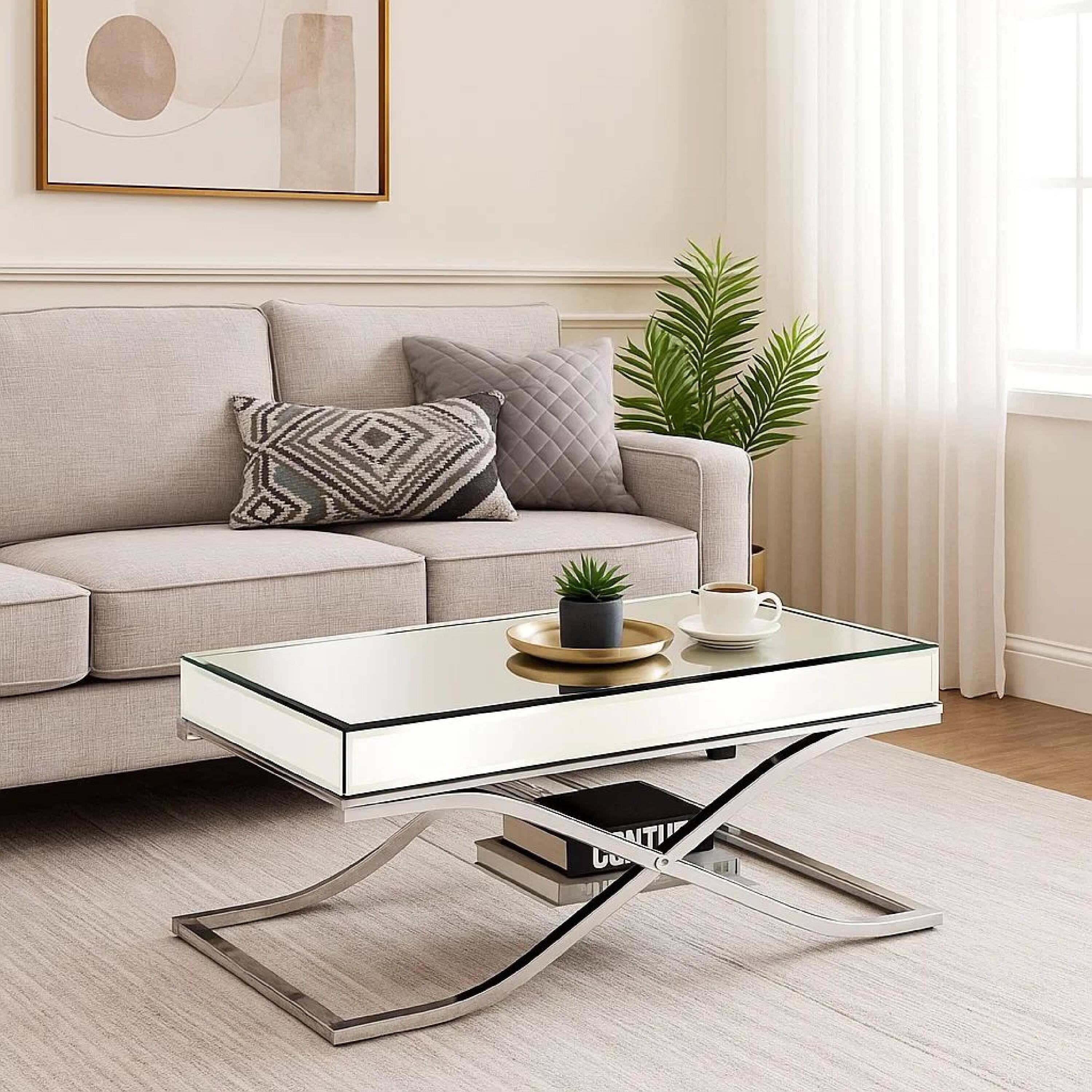 Alt View 5. Manhattan Lane - Gavin 48 Inch Coffee Table, Mirrored Panels, Curved Crossed Frame, Chrome - Silver.