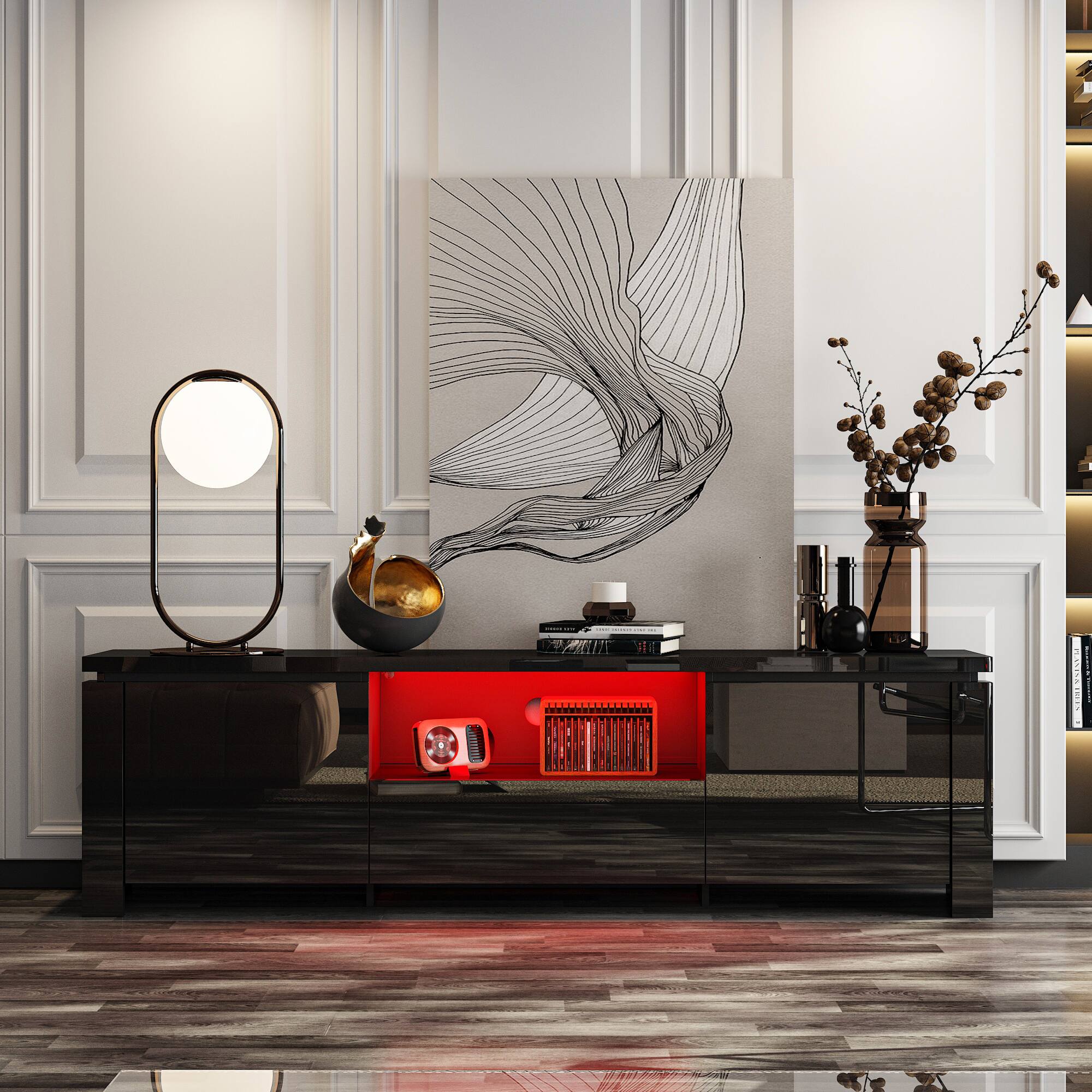 Famapy - High - Gloss TV Console: 70 - Inch TV Fit, Cable Management & Modern Flair - Black