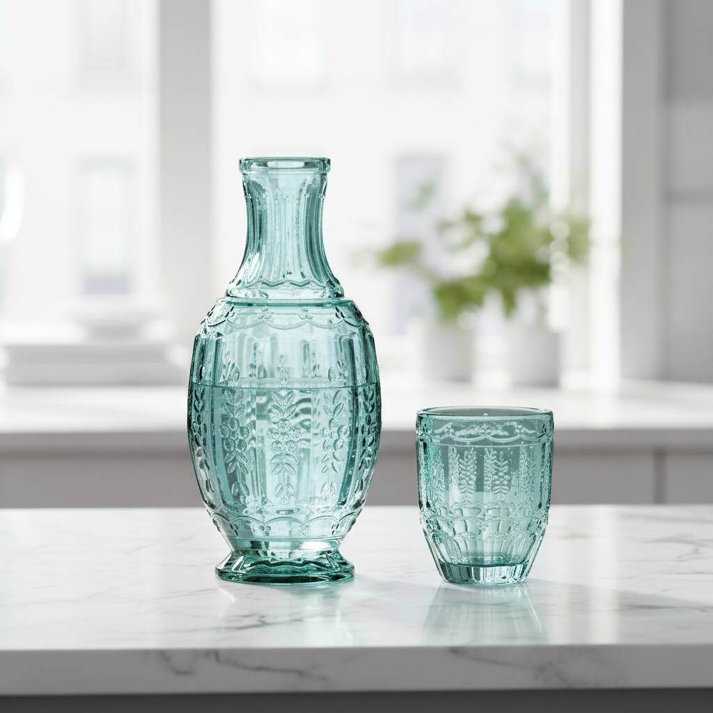 Left. Jay Import - Vintage Light Green 2 Pc Carafe Set - Green.