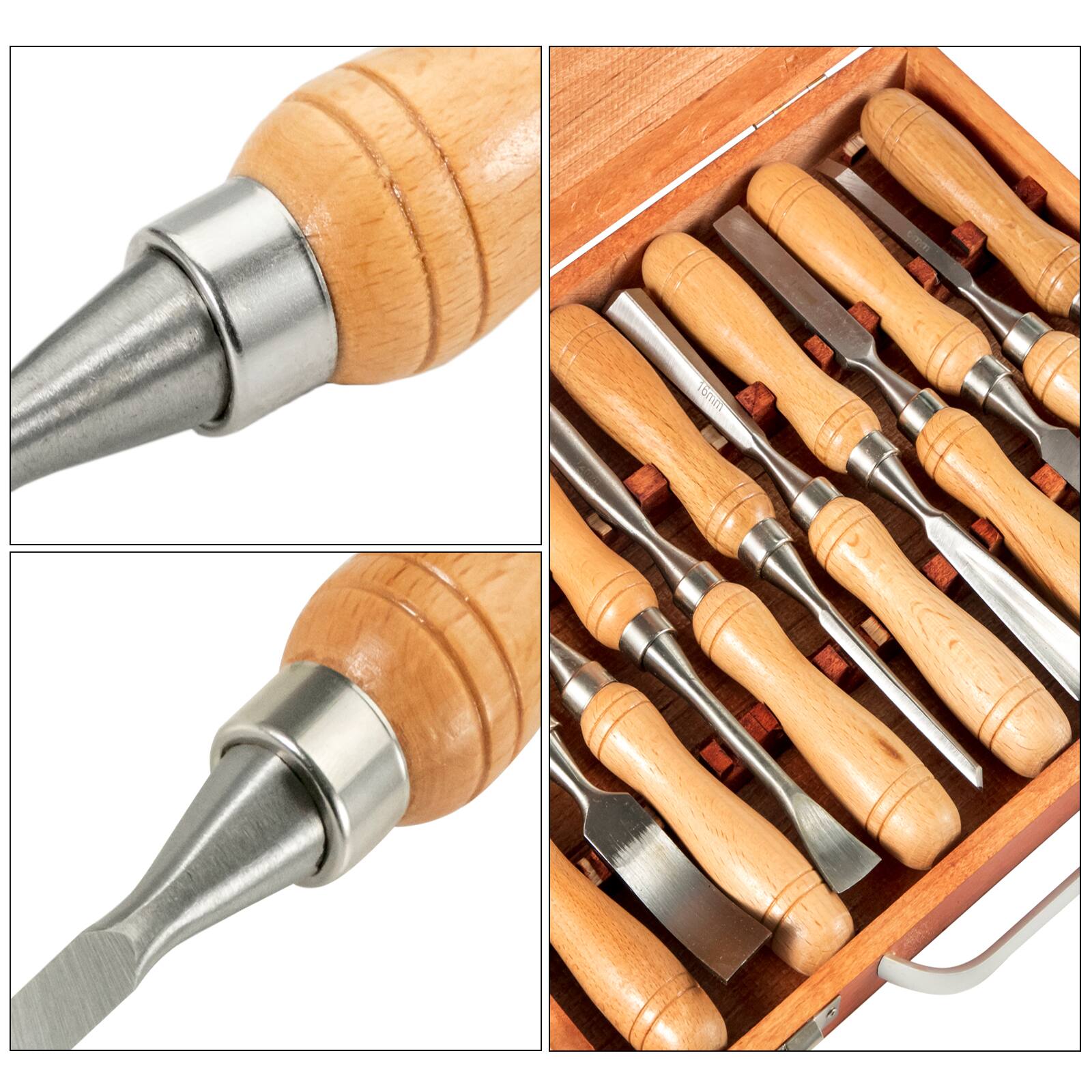 Back. VEVOR - 12-Piece Wood Lathe Chisel Set, 3.75" Blade, Woodworking & Carving Tools with Wooden Case for Furniture & Root Crafting - Original steel color + Wooden color.