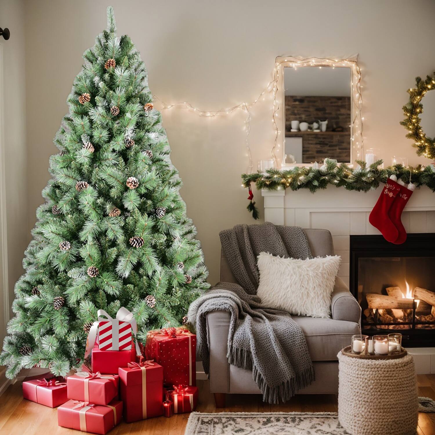 Front. Resenkos - Resenkos Artificial 5ft Green Christmas Tree with 694PVC/Hard Needle Mixed Branch Tips, 200L warm white led, Pine cone - Green.