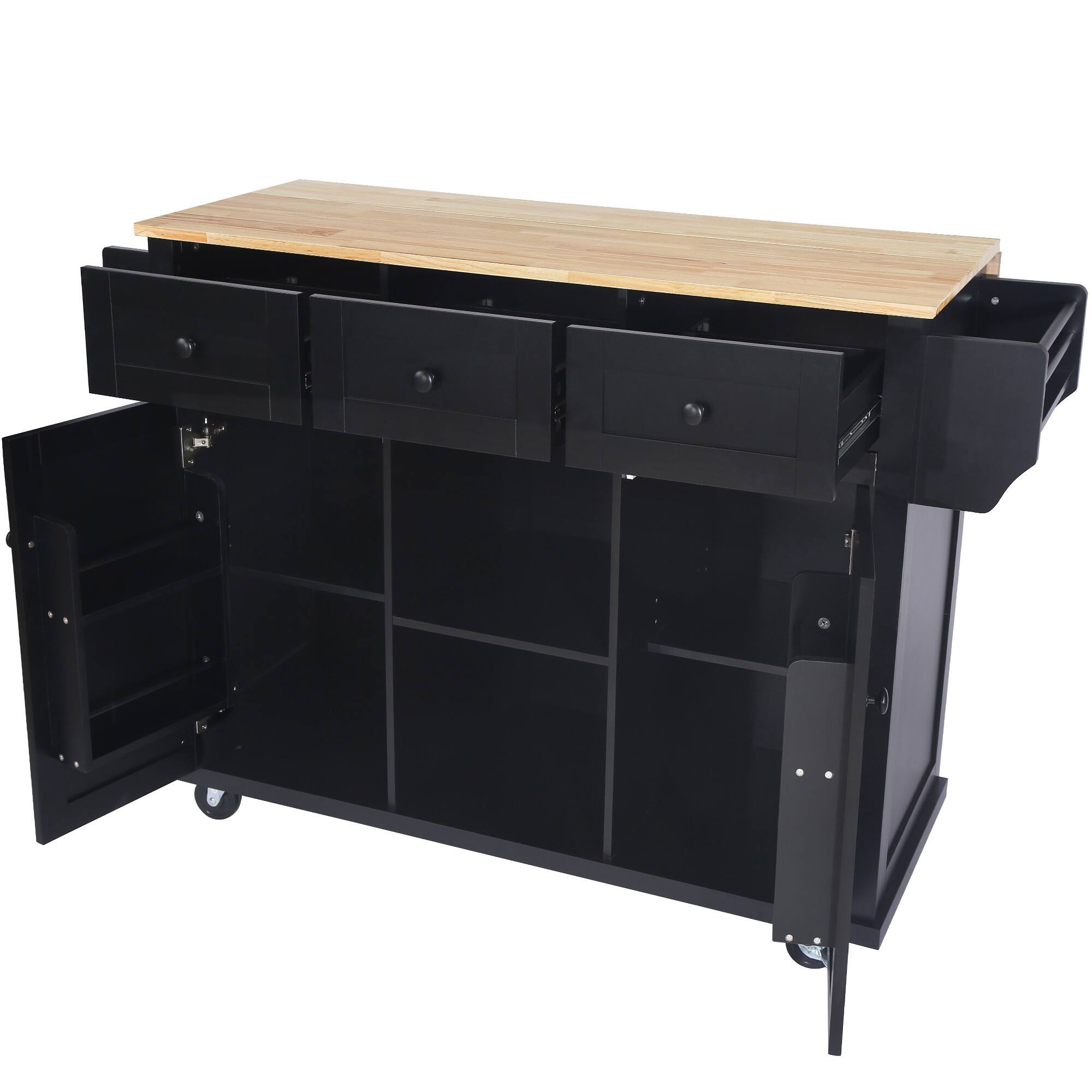 Alt View 3. Forest'nSky - Kitchen Cart with Rubber Wood Drop-Leaf Countertop – 5 Wheels, Storage Cabinet, 3 Drawers & Internal Door Racks, Black - Black.