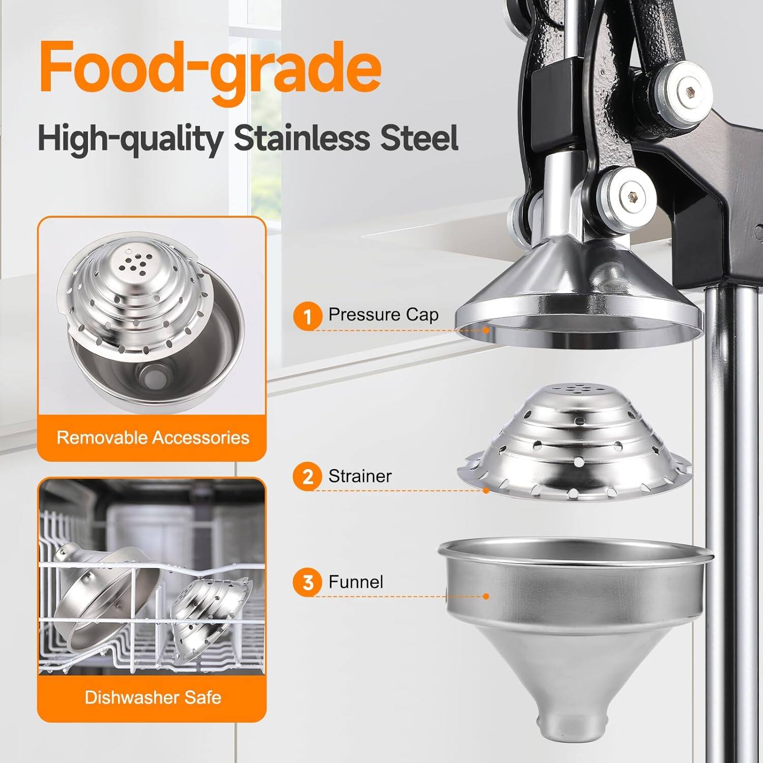 Food-grade  
High-quality Stainless Steel  

1. Pressure Cap  
2. Strainer  
3. Funnel  

Removable Accessories  
Dishwasher Safe