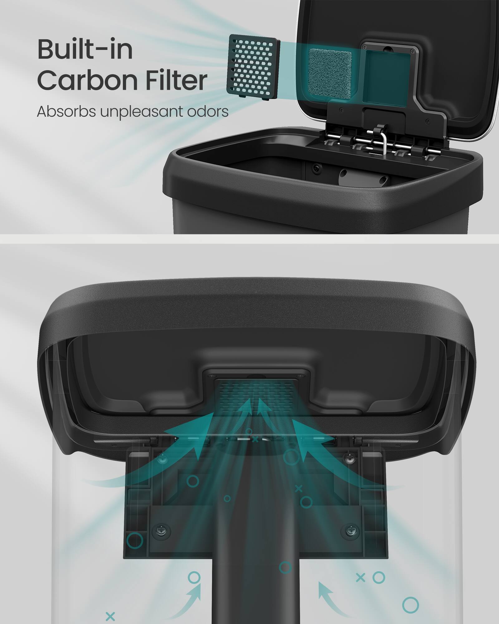 Built-in Carbon Filter Absorbs unpleasant odors