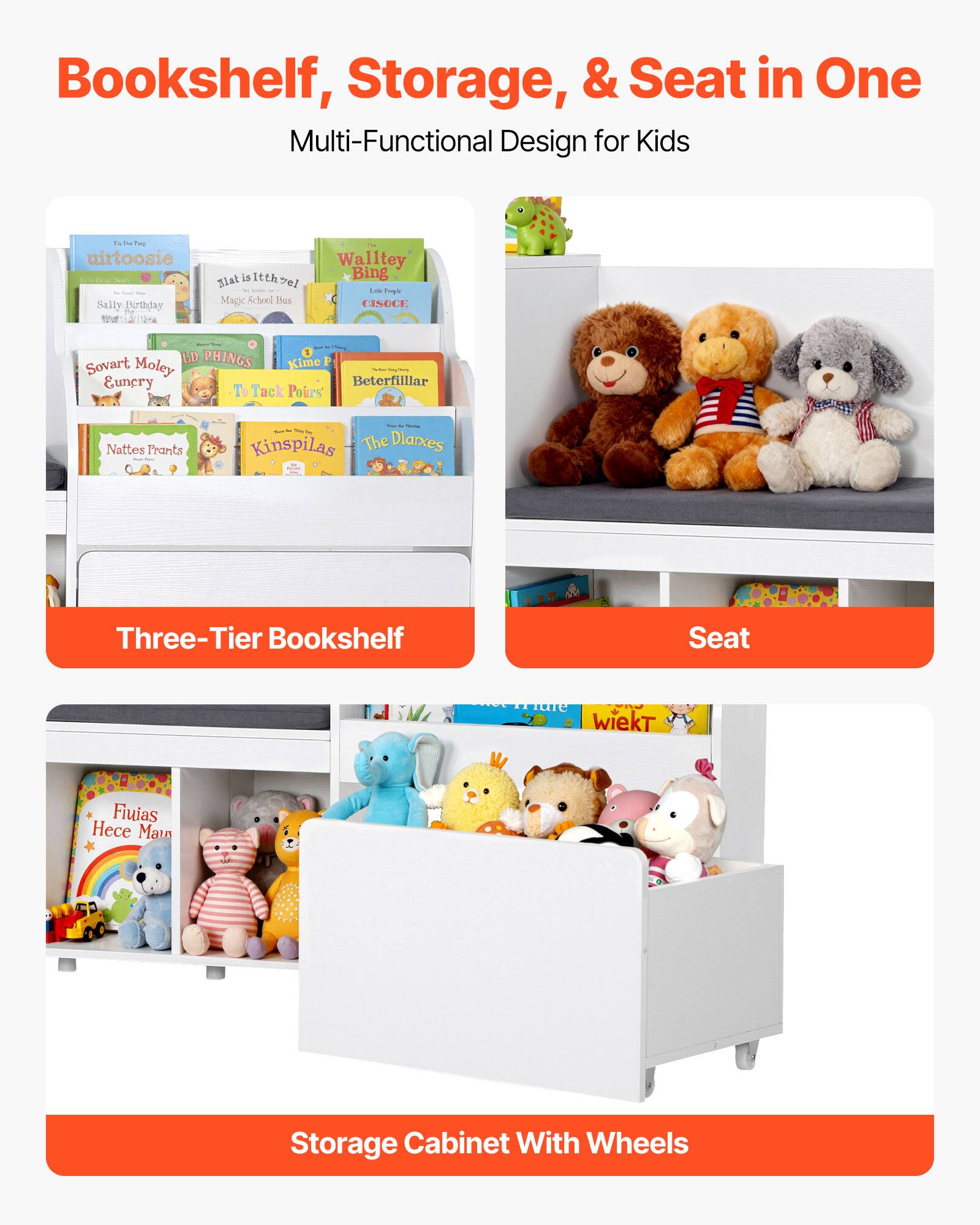 Bookshelf, Storage, & Seat in One Multi-Functional Design for Kids

Three-Tier Bookshelf

Seat

Storage Cabinet With Wheels