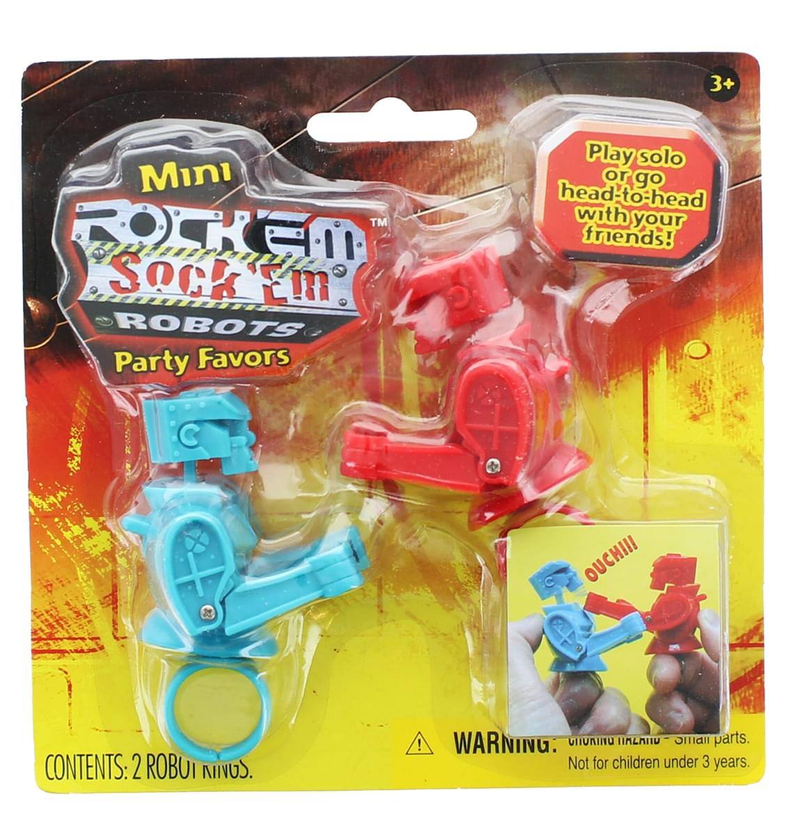 3+ Mini TM Rock 'Em Sock 'Em Robots Party Favors Play solo or go head-to-head with your friends! OUCHIII! CONTENTS: 2 ROBUT KINGS. WARNING: CHOKING HAZARD - Small parts. Not for children under 3 years.