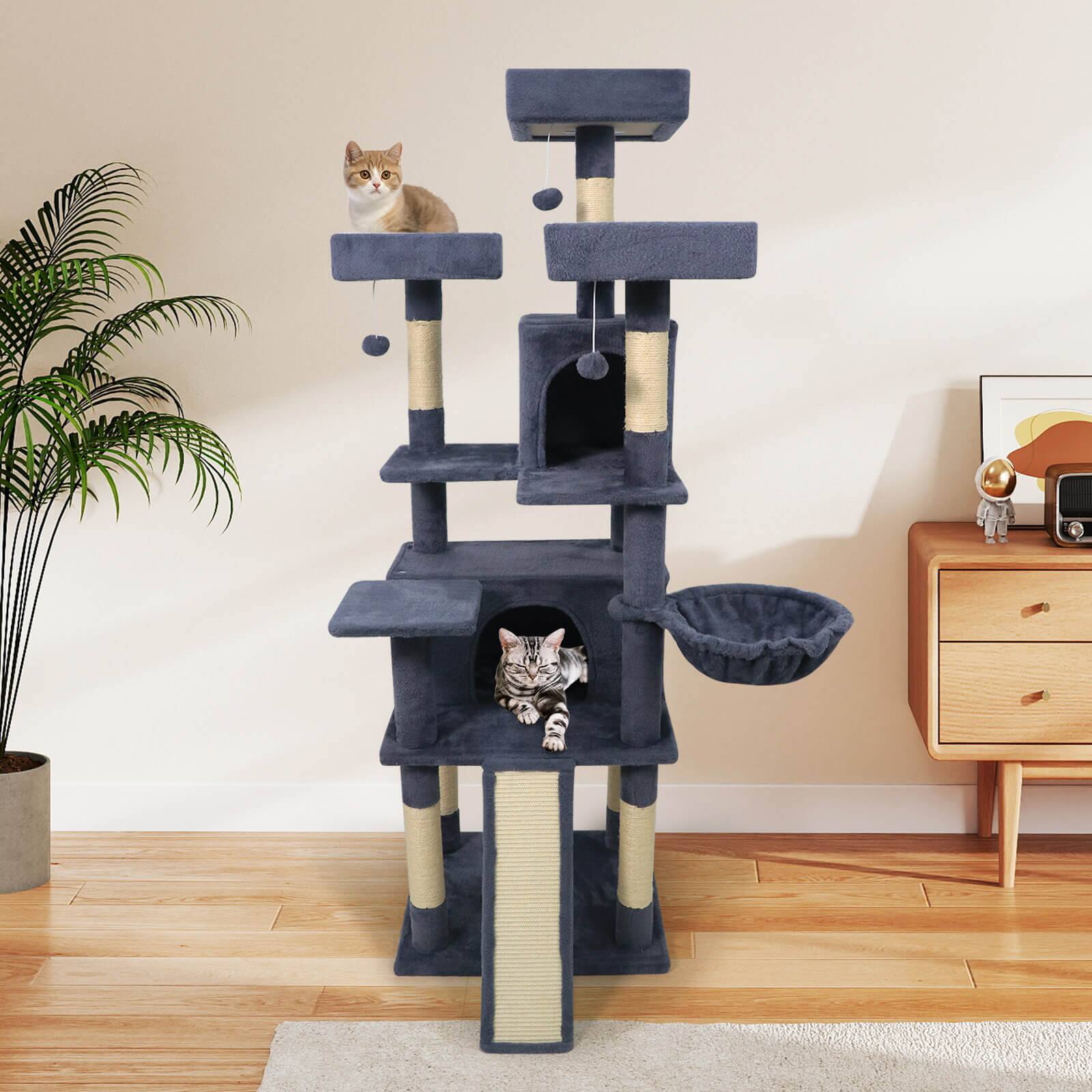 Alt View 1. Costway - Costway 65" Tall Multi-level Cat Tree with 3 Upholstered Top Perch 2 Cat Condos Cat Basket.