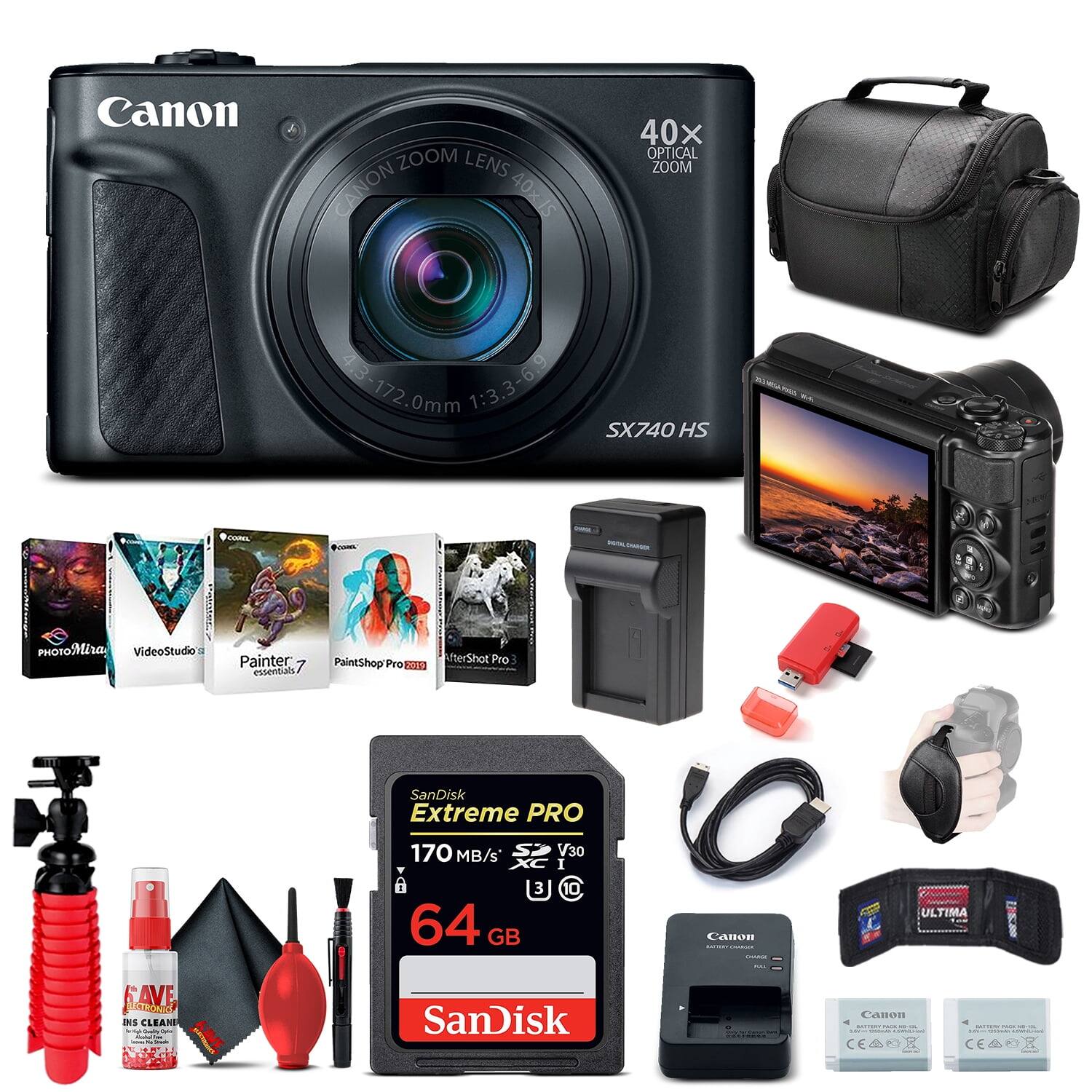 Canon SX740 HS  
40x Optical Zoom  
43-172.0mm 1:3.3-6.9  

Canon Zoom Lens 40x  

SanDisk Extreme PRO 64GB 170MB/s V30  

Canon Battery Charger  

Canon Battery  

Canon USB Cable  

Canon Lens Cleaning Kit  

SanDisk Ultimate  

PhotoMiria  
VideoStudio  
Painter 7 Essentials  
PaintShop Pro  
AfterShot Pro  

Canon CE