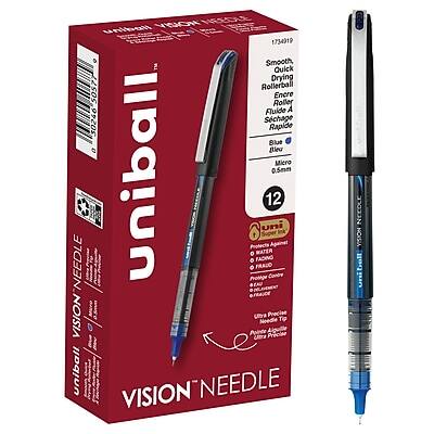 **Uniball Vision Needle**

- **Product Name:** Vision Needle
- **Model Number:** 1734019
- **Type:** Smooth, Quick Drying Rollerball
- **Color:** Blue
- **Tip Size:** 0.5mm
- **Count:** 12 pens
- **Features:**
  - Protects against water fading
  - Resistant to fading
  - Precise needle tip
- **Language Options:**
  - English: "Smooth, Quick Drying Rollerball"
  - French: "Fluide A 30246 Rapide Bleu"
- **Additional Information:**
  - "Uniball Vision Needle"
  - "Protects Against Water Fading"
  - "Resistant to Fading"
  - "Precise Needle Tip"