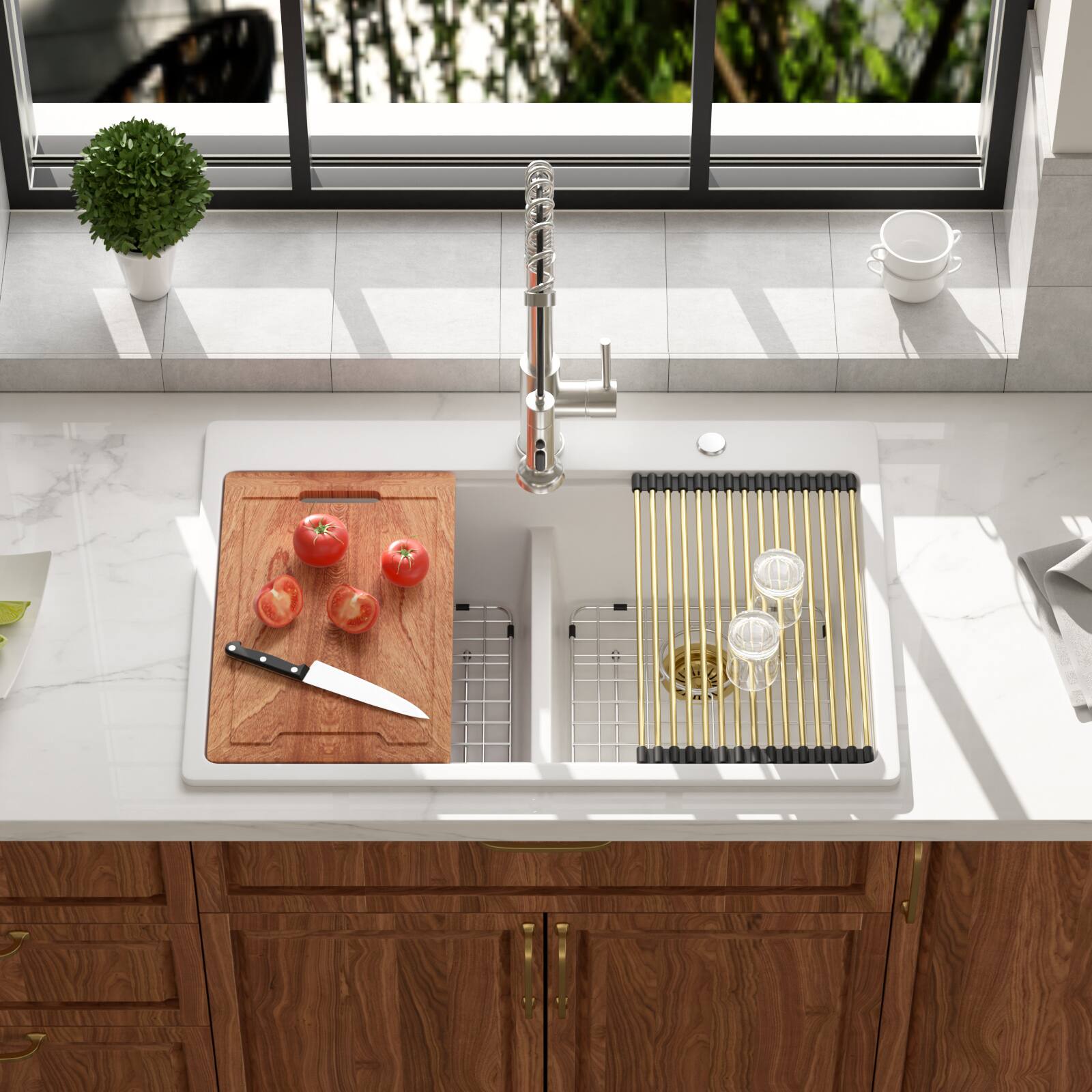 Angle. Lordear - 33x22x10 Inch White Granite Composite Workstation kitchen Sink Low Divide 50/50 Double Bowl Quartz Drop In Kitchen Sink - White.