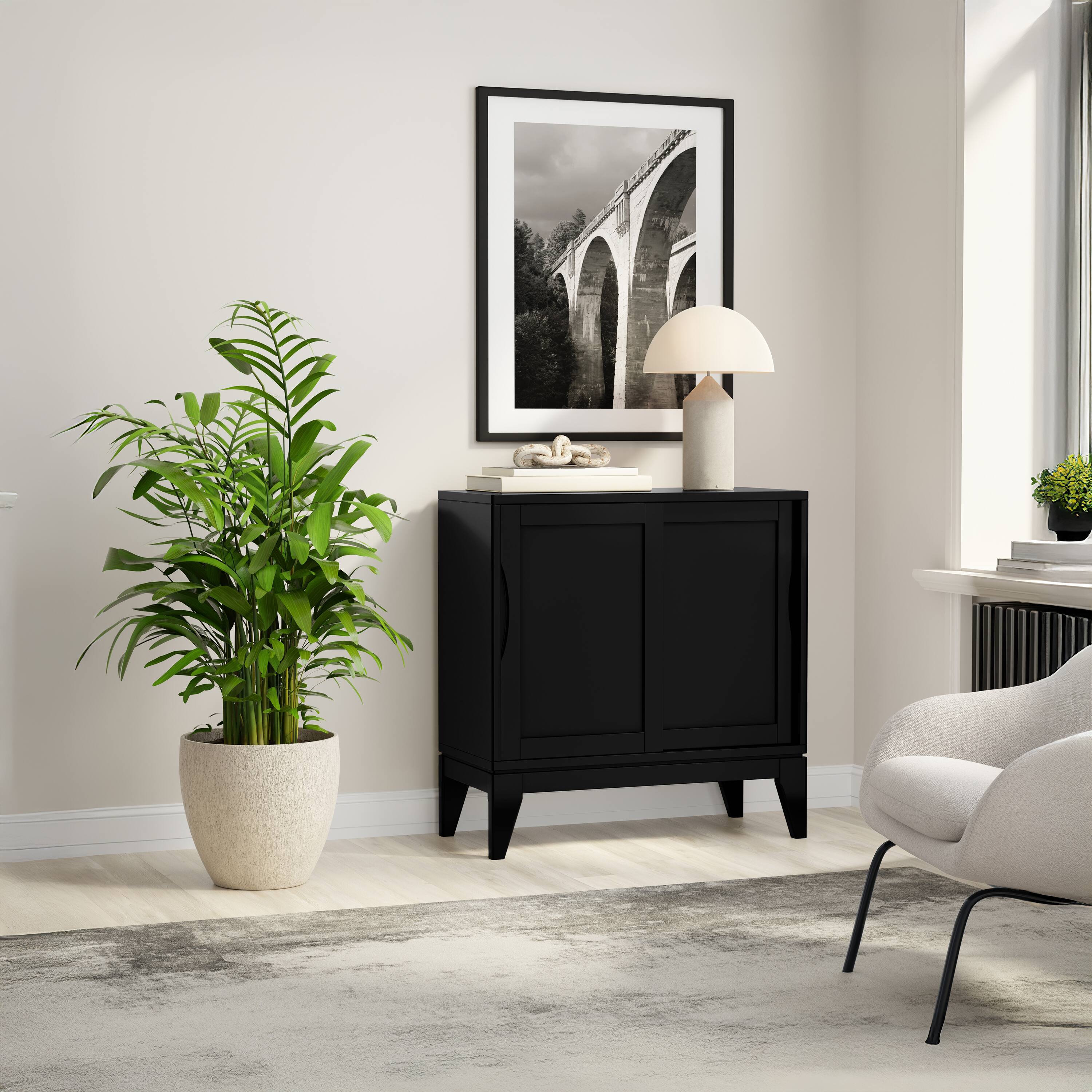 Left. Simpli Home - Simpli Home Harper 30 inch Wide Solid Hardwood Mid-Century Modern Low Storage Cabinet in Black - Black.