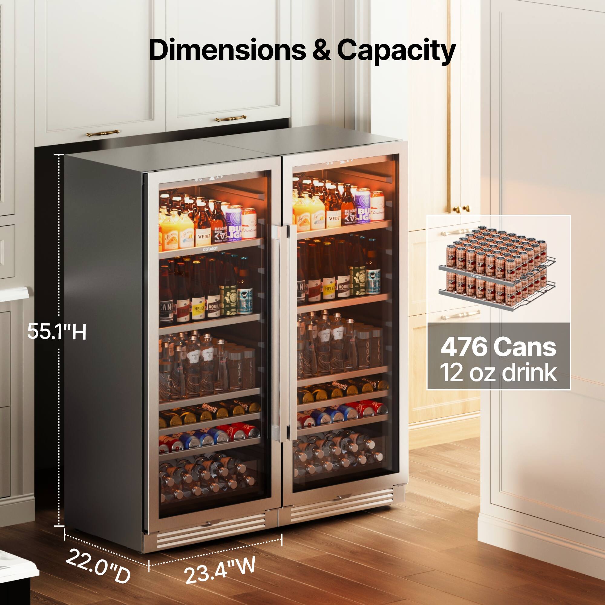 Dimensions & Capacity  
- 55.1"H  
- 22.0"D  
- 23.4"W  
- 476 Cans 12 oz drink