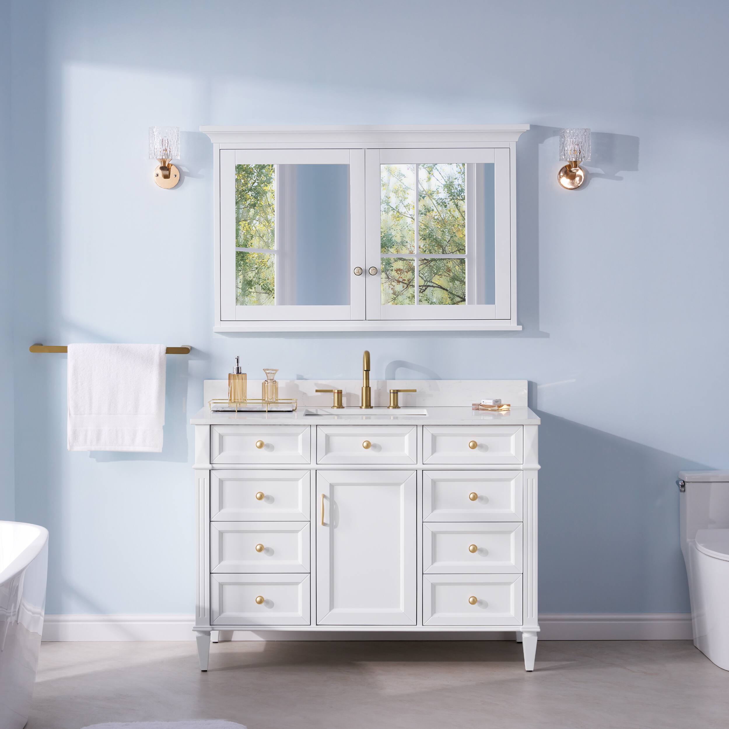 Alt View 7. WELLFOR - 48 in. W x 30 in. H Rectangular Solid Wood Medicine Cabinet with Mirror with Double Door - White.
