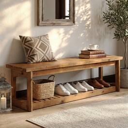 Tribesigns - 63" Wooden Entryway Bench with Storage Shelves, 2-Tier Shoe Bench - Brown