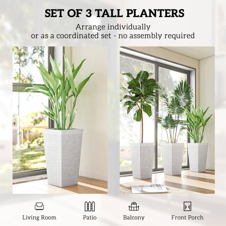SET OF 3 TALL PLANTERS  
Arrange individually or as a coordinated set - no assembly required

Living Room  
Patio  
Balcony  
Front Porch